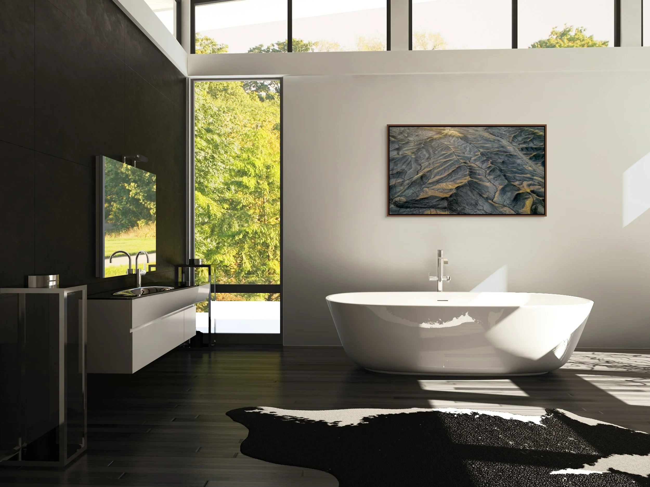 Erosion Lines in a floating Alder Brown frame, styled in a luxe bath with freestanding tub and tall windows.