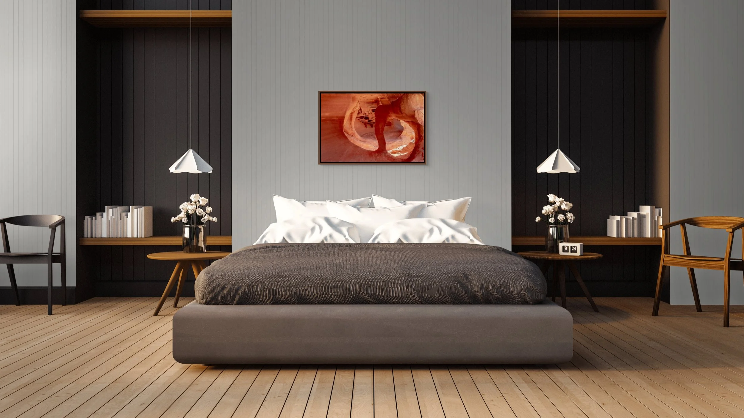 Cathedral of Stone in a floating Alder Brown frame above a modern bedroom with dark drapes and pendant lamps.