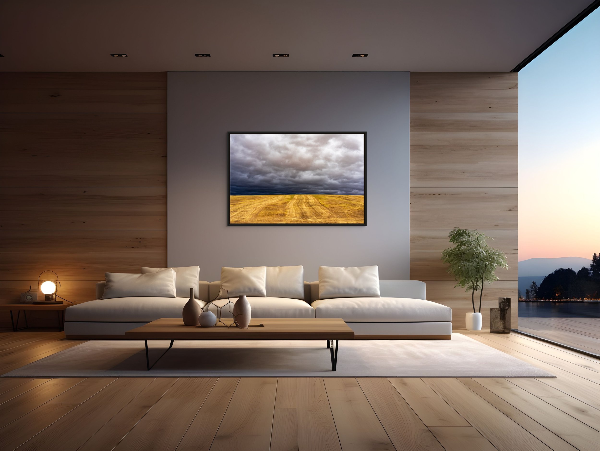Before the Storm in a floating Black frame, above a modern sofa in a sunset-lit room with wood-panel feature wall.