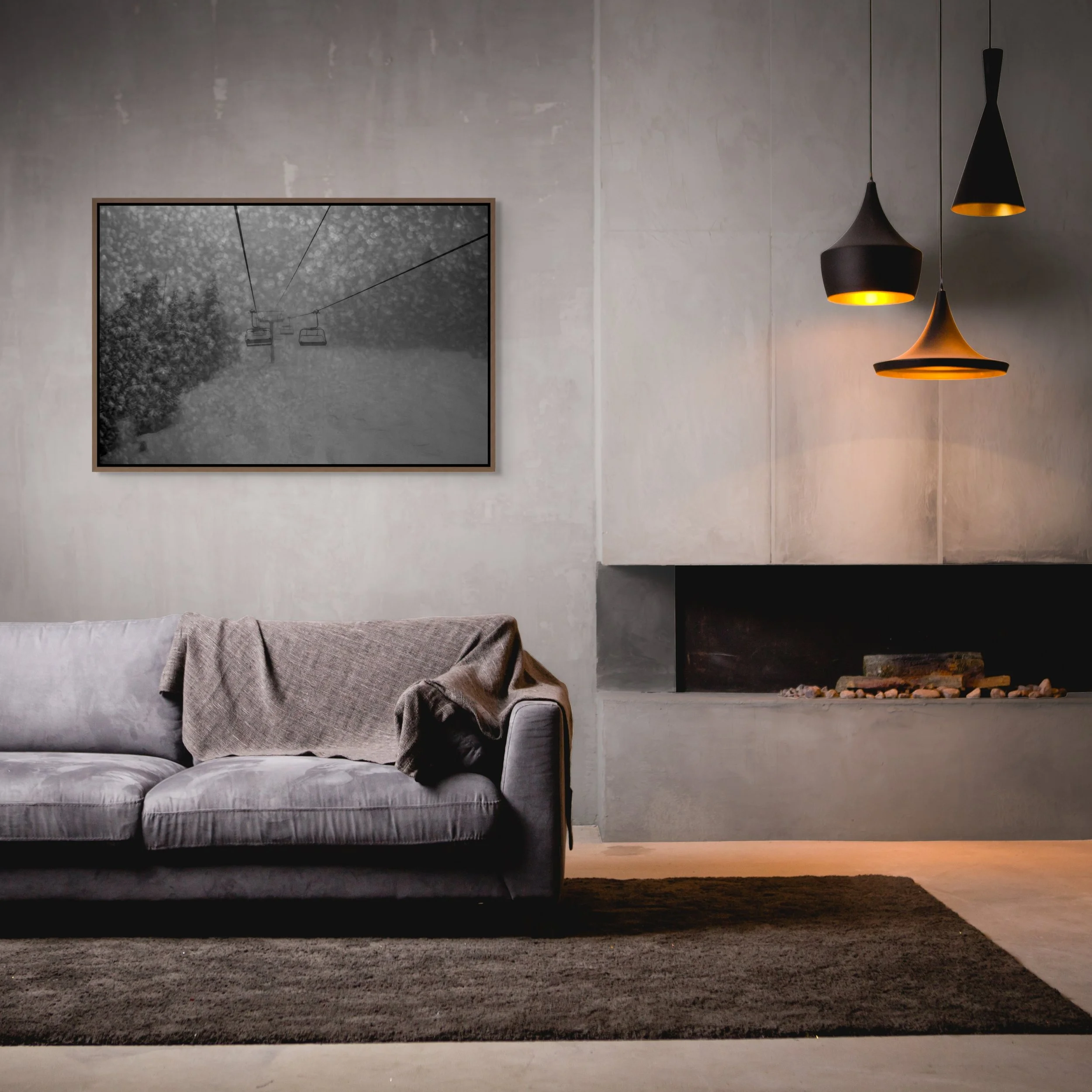 Into the Whiteout — stark gondolas in blizzard light, framed in walnut floating wood frame over a modern fireplace in a moody lounge.