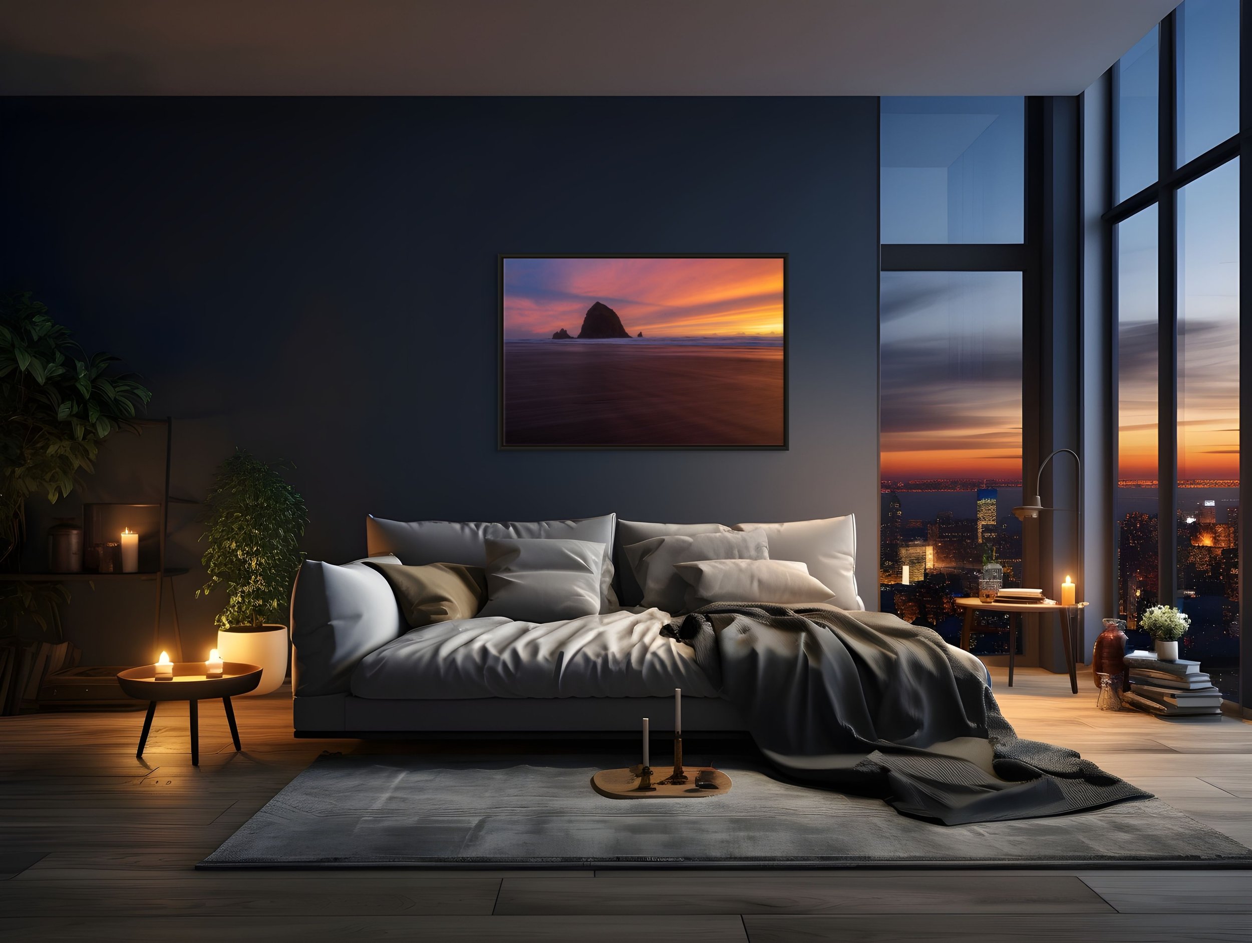 Dusk in Motion in a floating Black frame, styled in a dark, moody bedroom with evening city lights and warm lamps.
