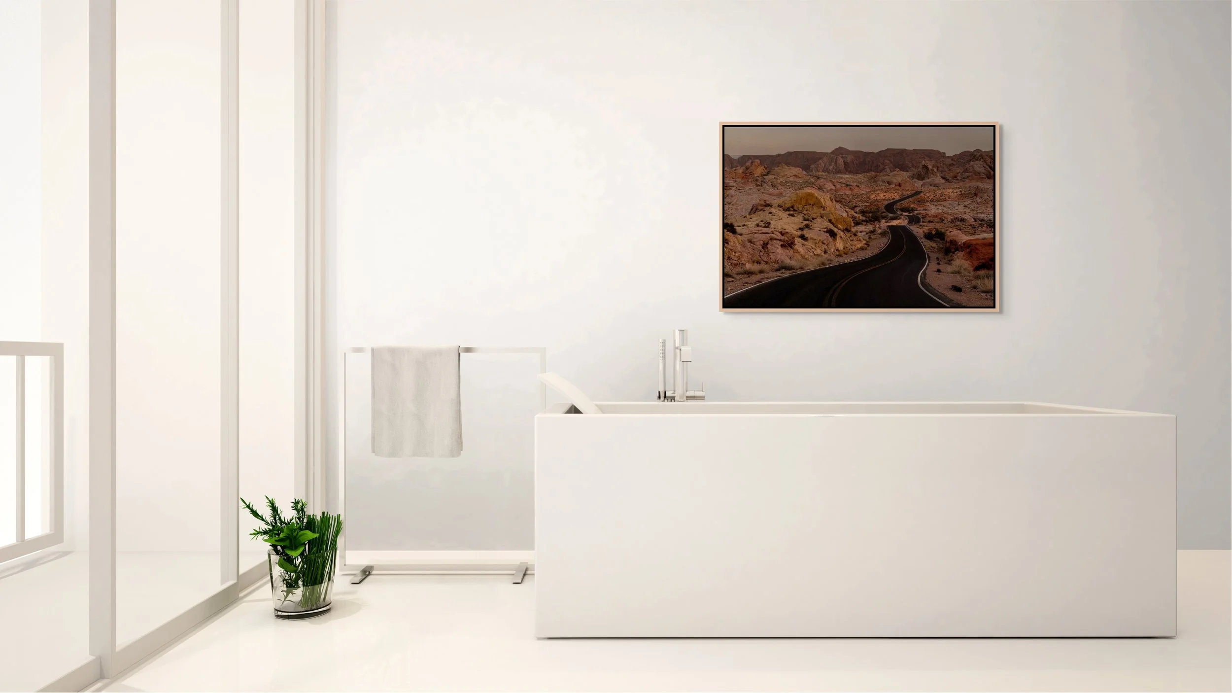 Beyond the Bend — framed in oak floating wood frame in a minimalist white bath with a soaking tub and tall windows.