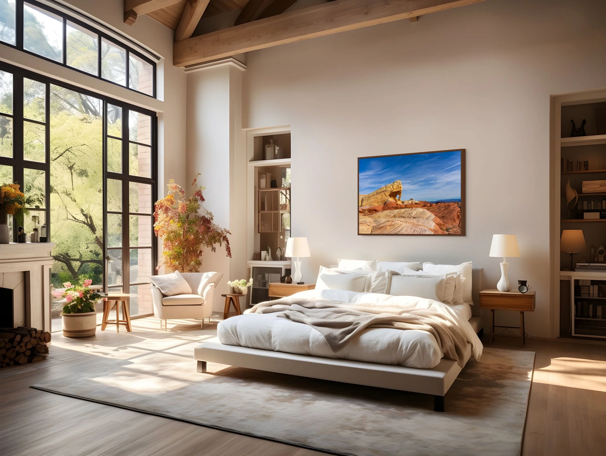 The Unmapped Eye in a floating Alder Brown frame, sunlit bedroom with tall windows and warm wood tones.