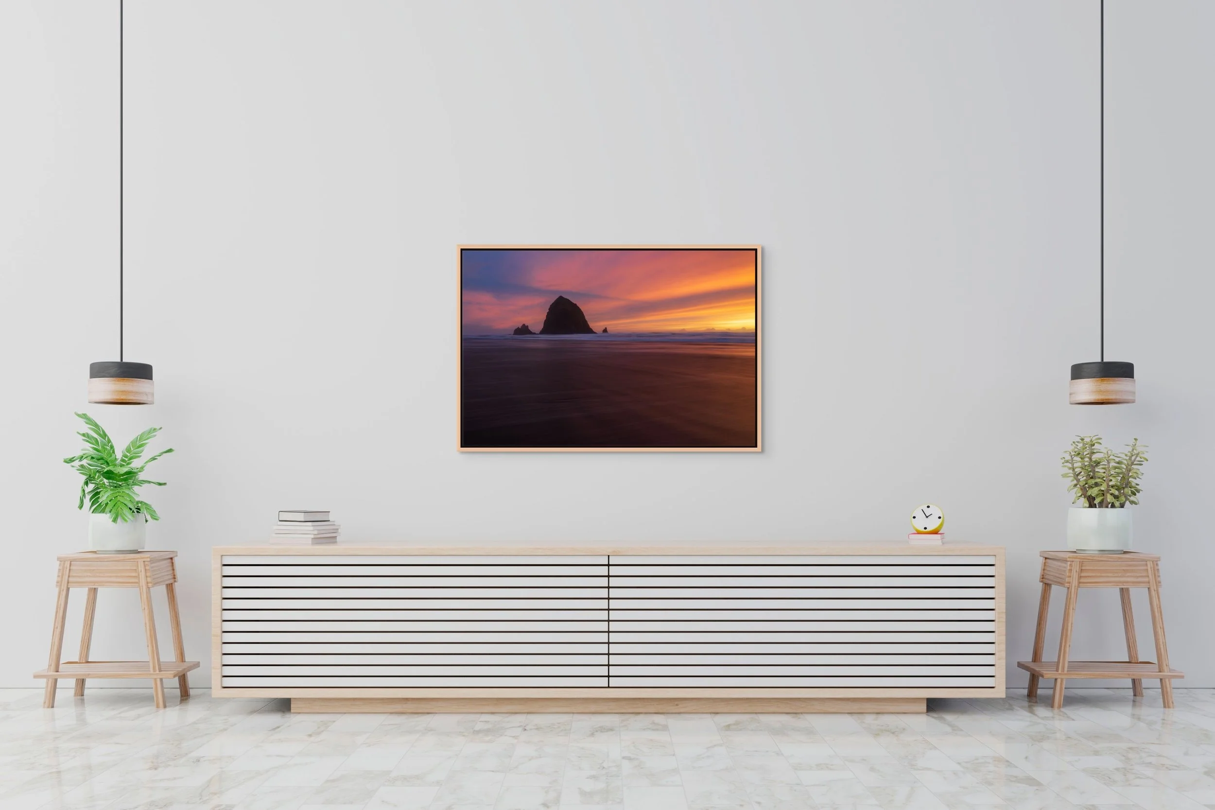 Dusk in Motion in a floating Natural Oak frame, hanging above a minimalist white sideboard in a bright modern room.