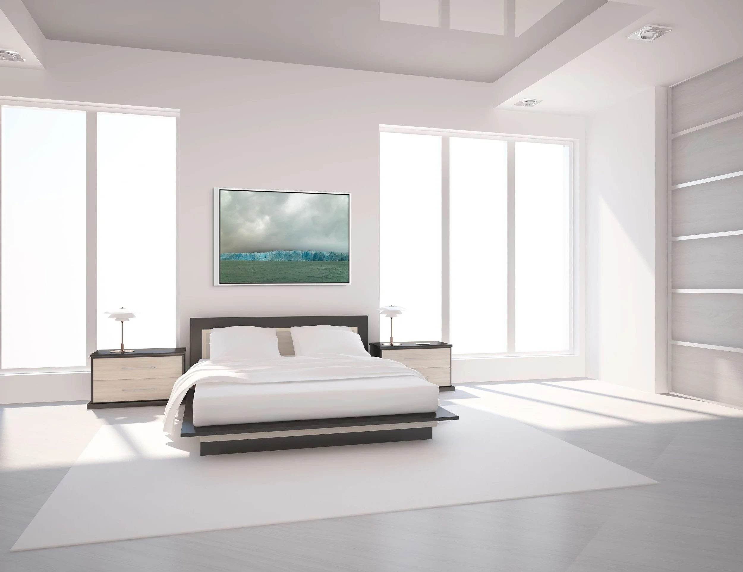 Ice Holds Memory in a floating White frame, presented in a bright white bedroom with modern platform bed and natural light.