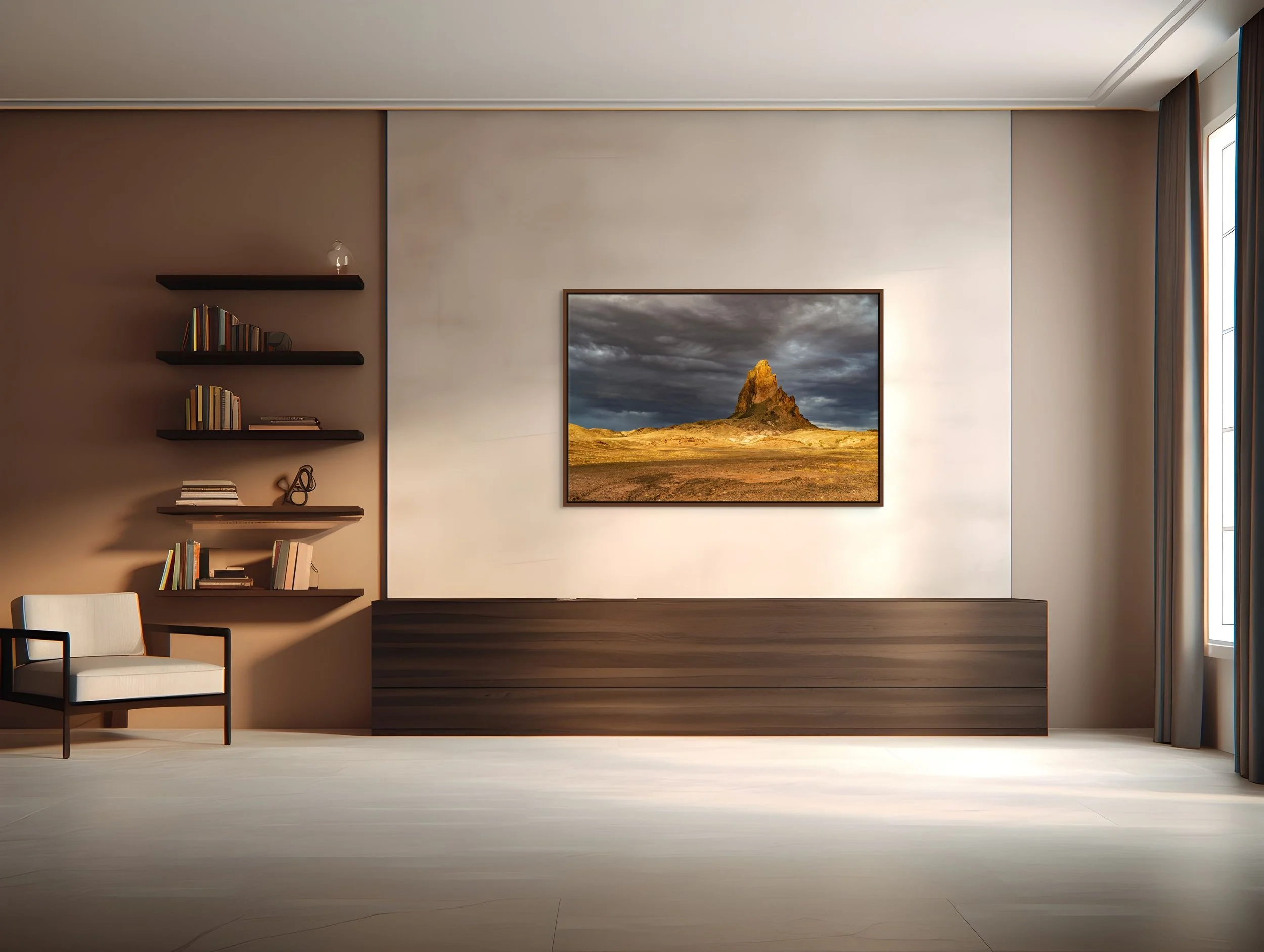 Sentinel of Stone in a floating Alder Brown frame, hanging in a warm minimalist living room with wall shelves and console.