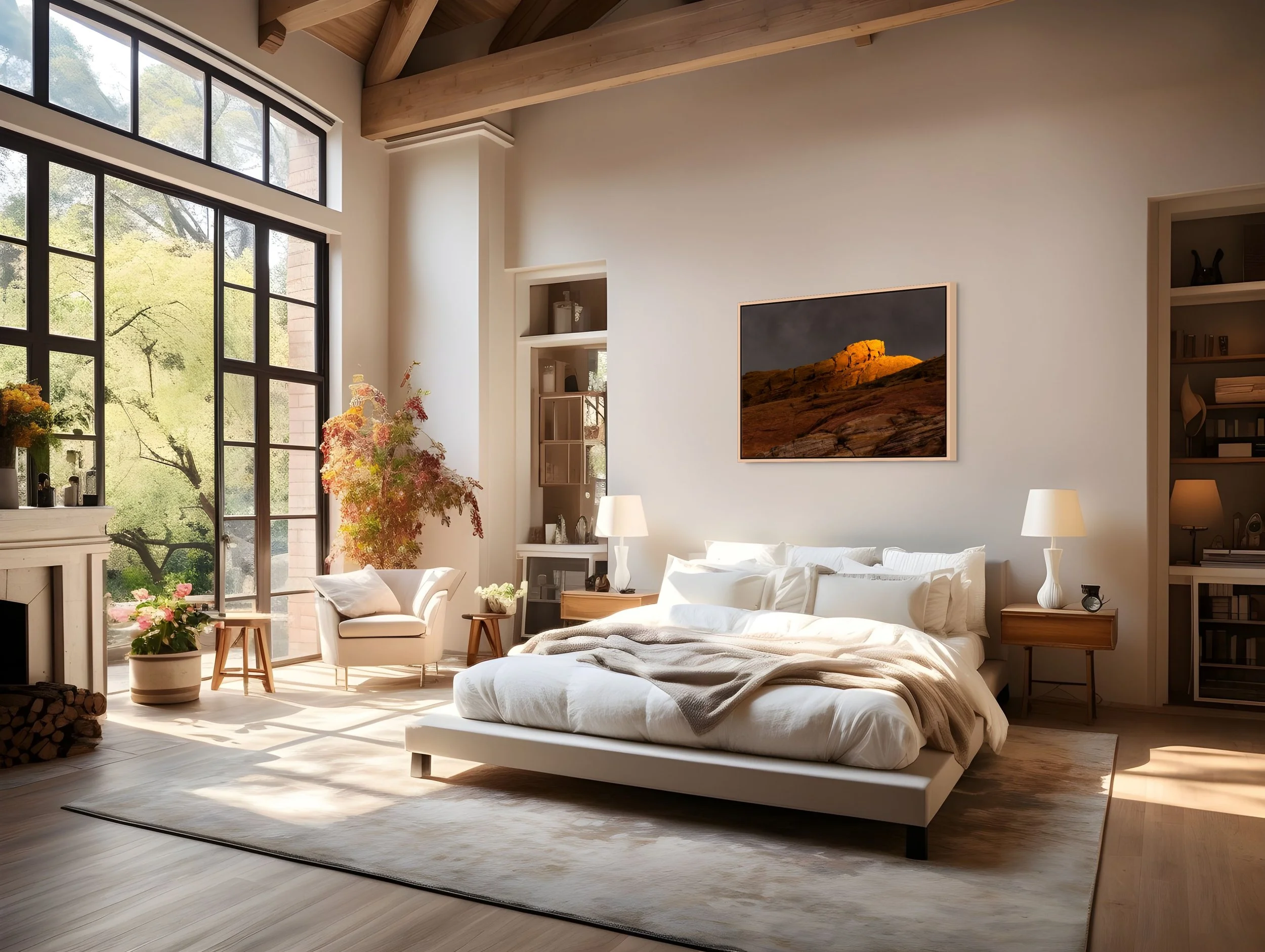 Where Light Lingers, floating Natural Oak frame, displayed in a bright bedroom with tall windows, beams, and soft daylight.
