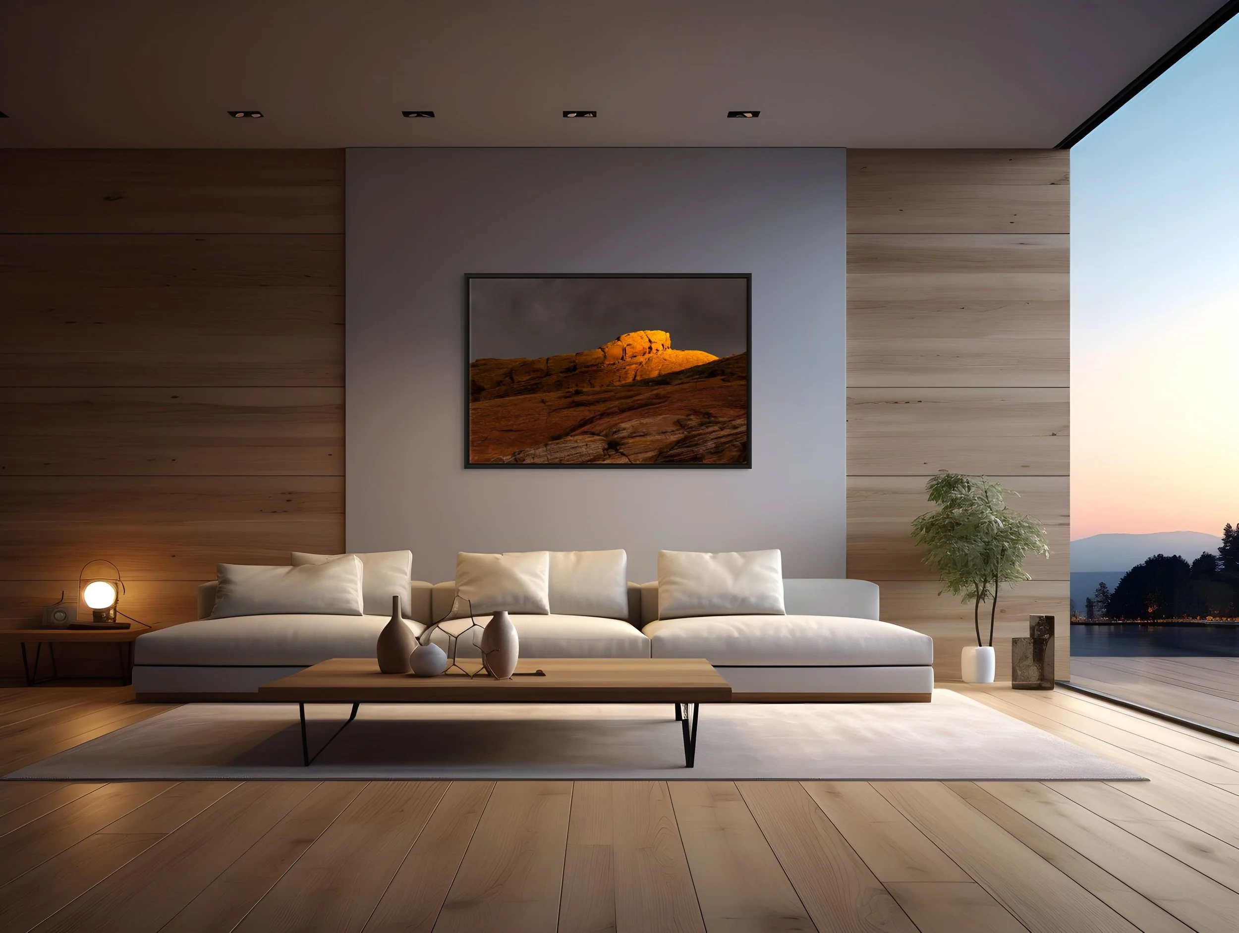 Where Light Lingers, floating Black frame, above a modern sofa in a sunset-lit room with wood panel wall and ocean view.