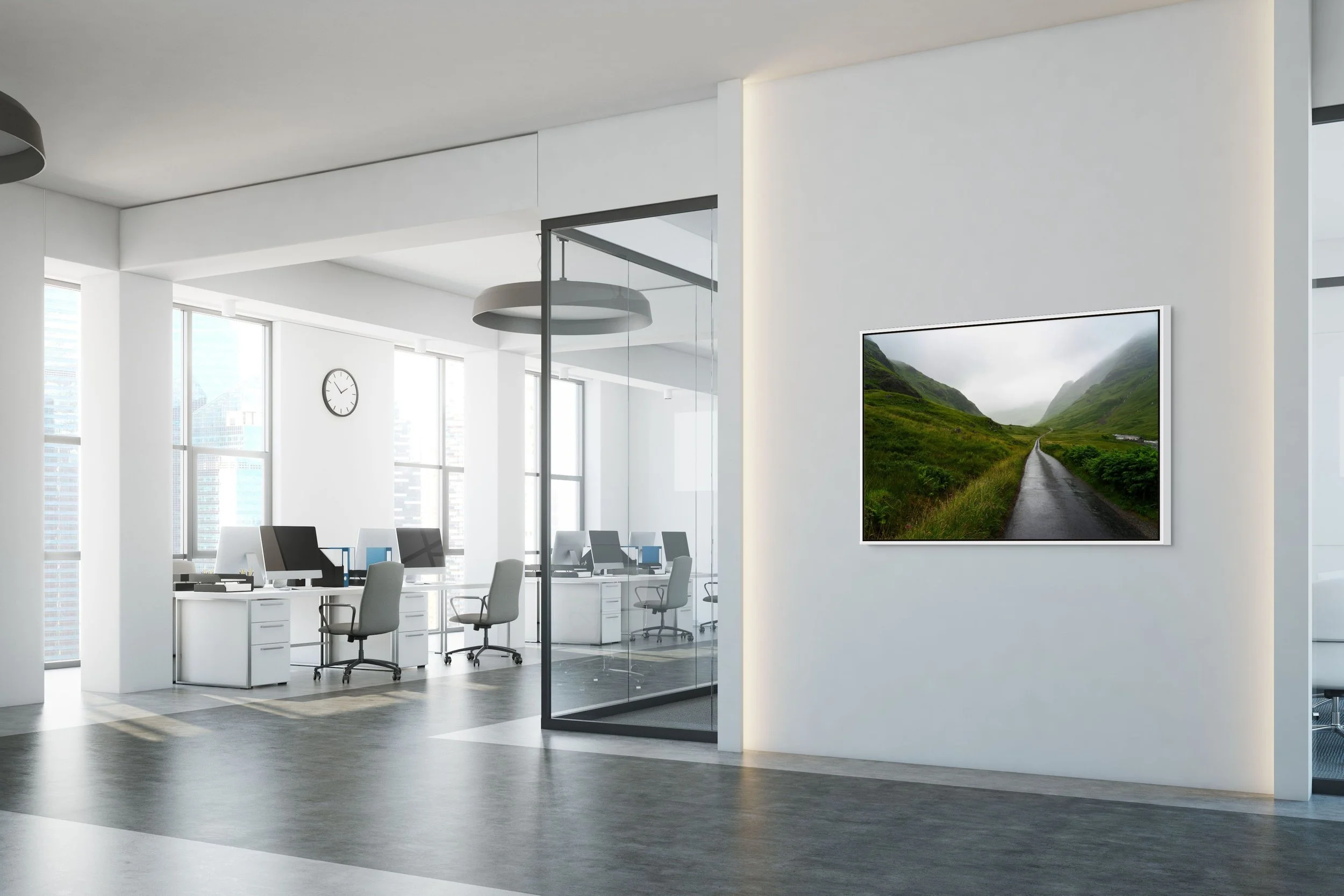 Into the Mist, framed in a white floating frame, presented in a modern office interior with glass walls and natural light.