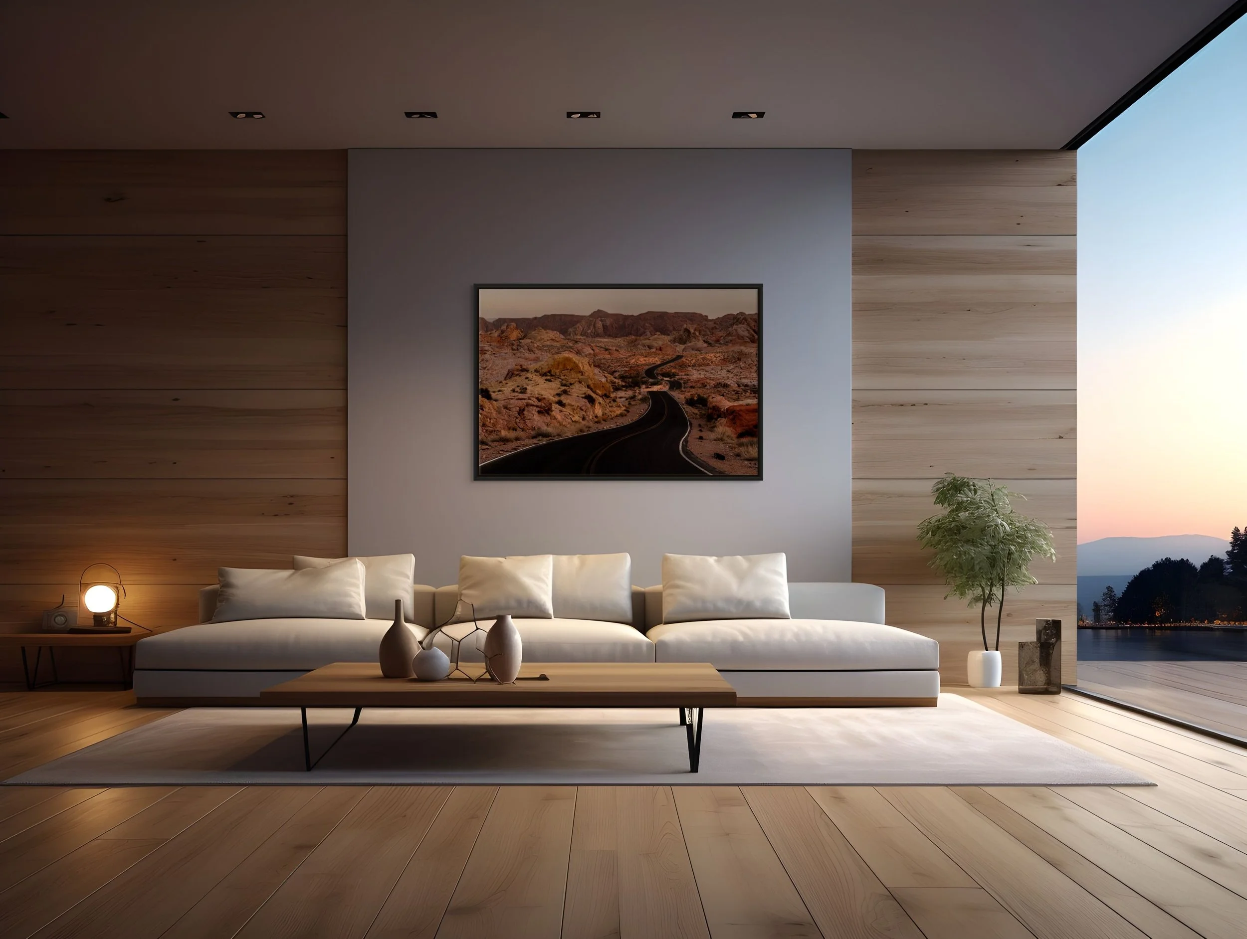 Beyond the Bend — framed in black floating wood frame in a warm, wood-paneled living room with a sunset view.
