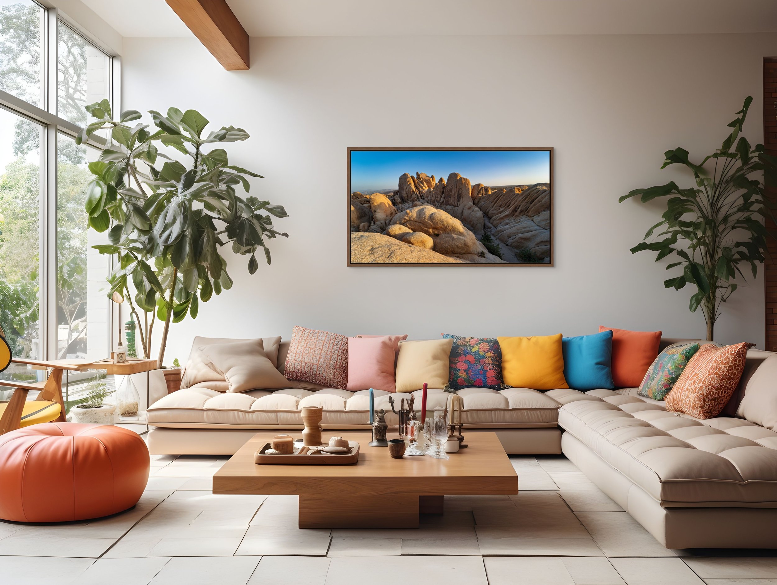 Stone Waves — sculpted granite ridges at sunrise; walnut floating wood frame in a plant-filled living room with a low coffee table.