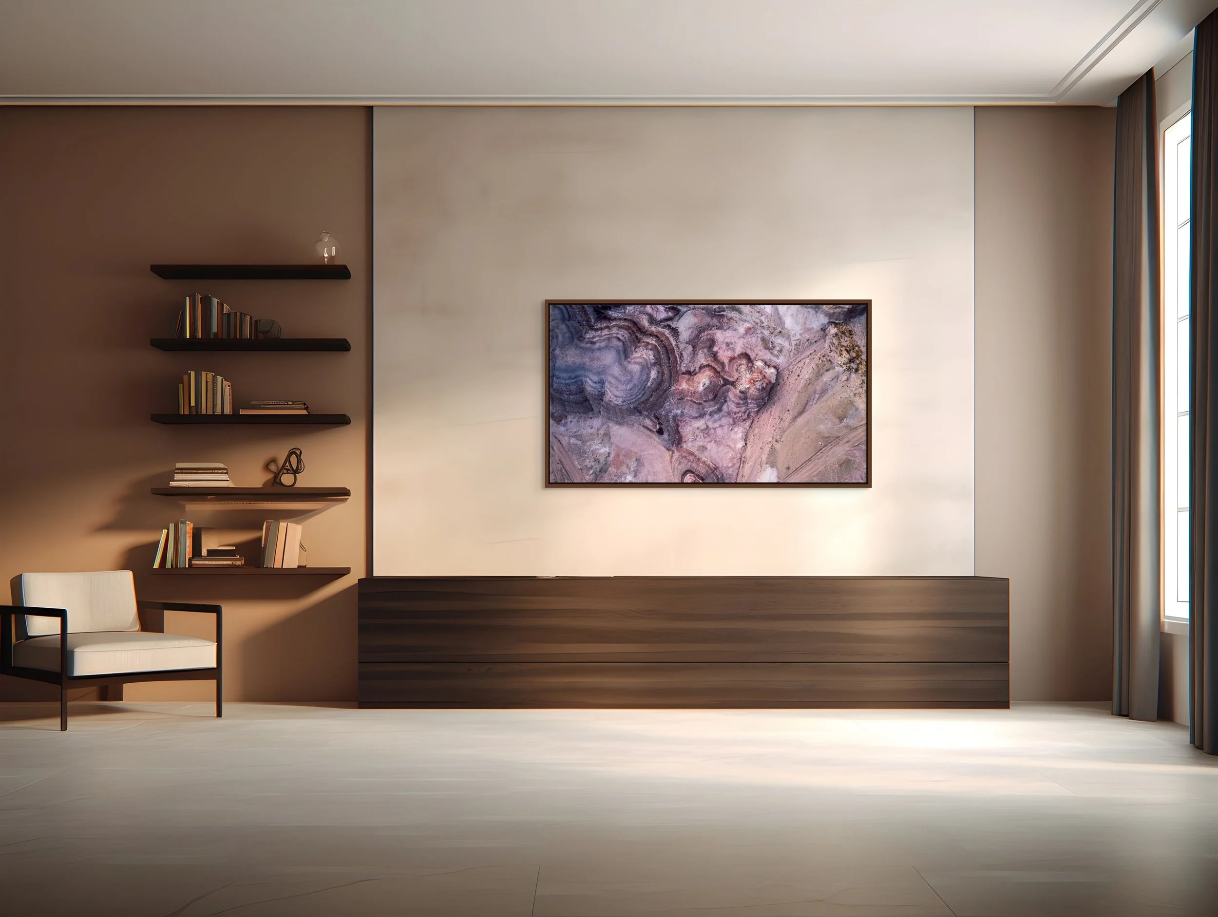 Small in Time — aerial bentonite-hill patterns in mauve and cream, framed in alder brown floating wood frame in a modern study.