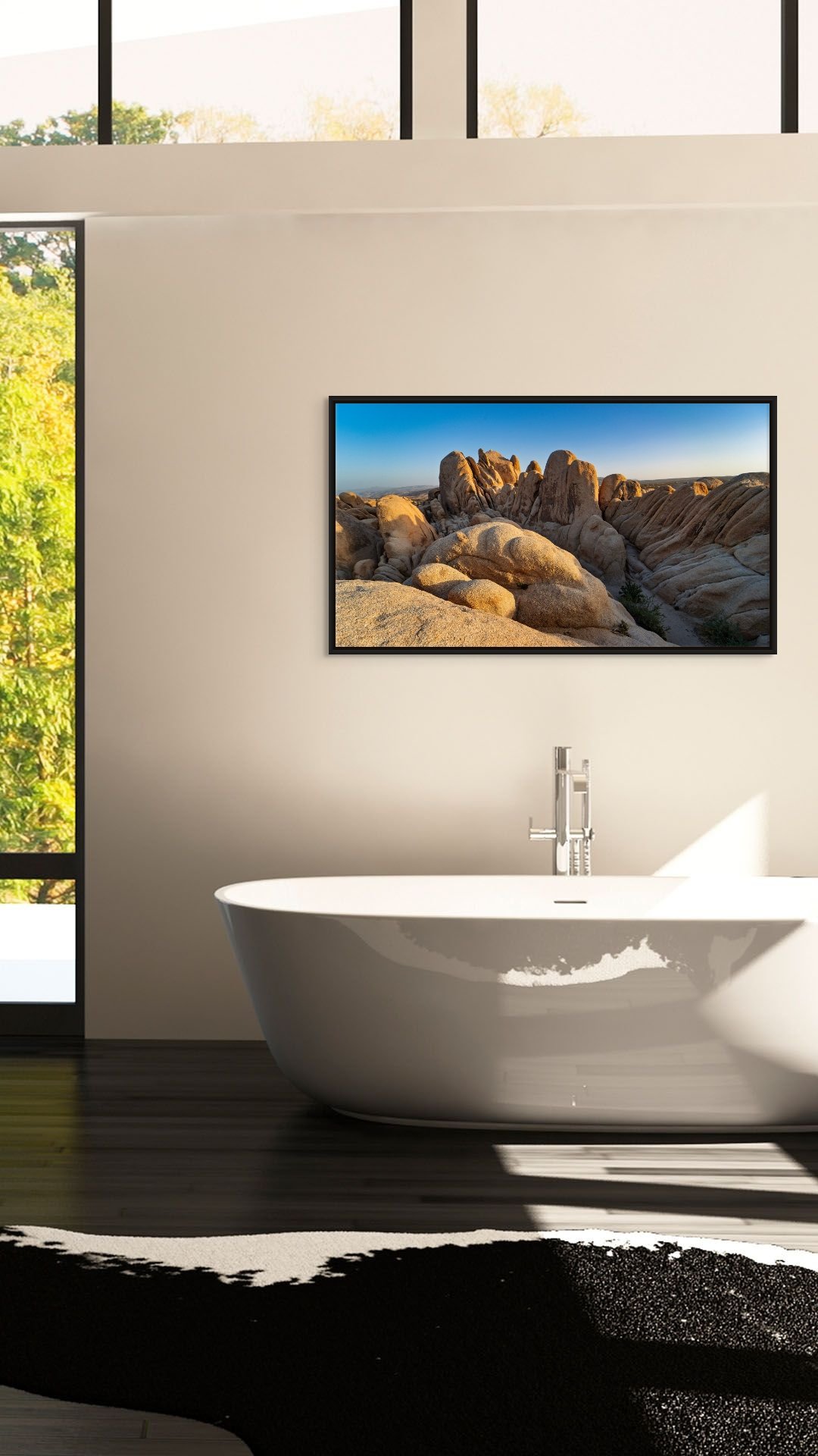 Stone Waves — sculpted granite ridges at sunrise; black floating wood frame over a freestanding tub in a bright spa-like bathroom.