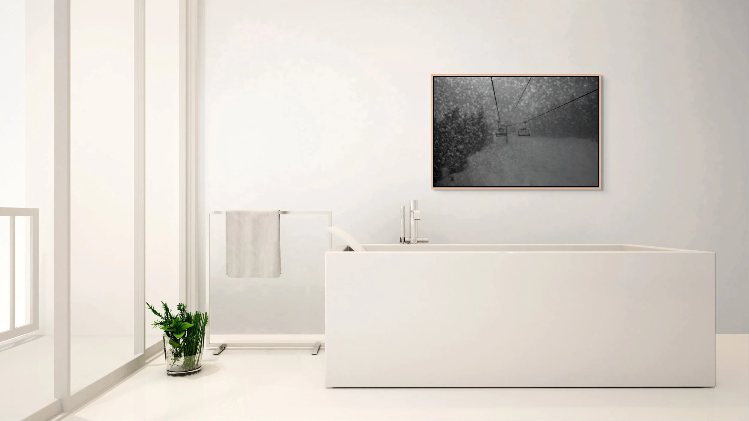 Into the Whiteout — empty lifts in swirling snow, framed in natural oak floating wood frame above a white credenza bath tub in a minimalist room.