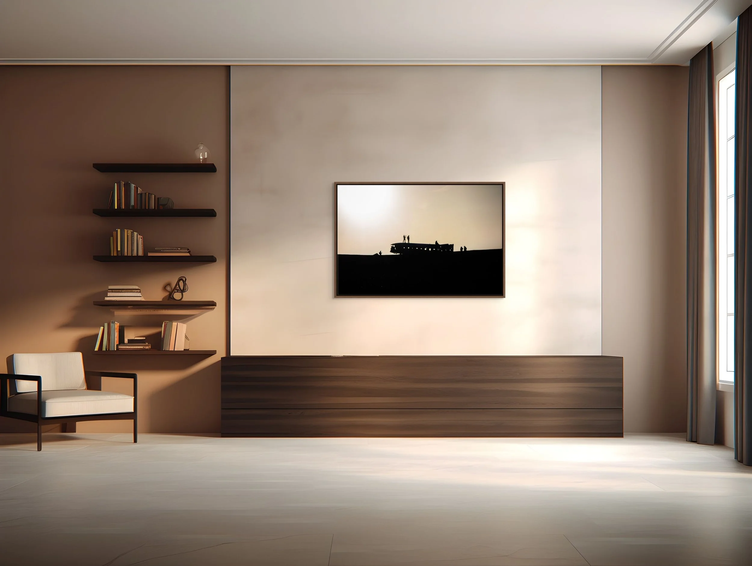 Echoes in the Wreck — DC-3 wreck silhouettes on Iceland’s black-sand plain; framed in walnut floating wood frame in a warm living space with wood-paneled wall and built-in shelves.
