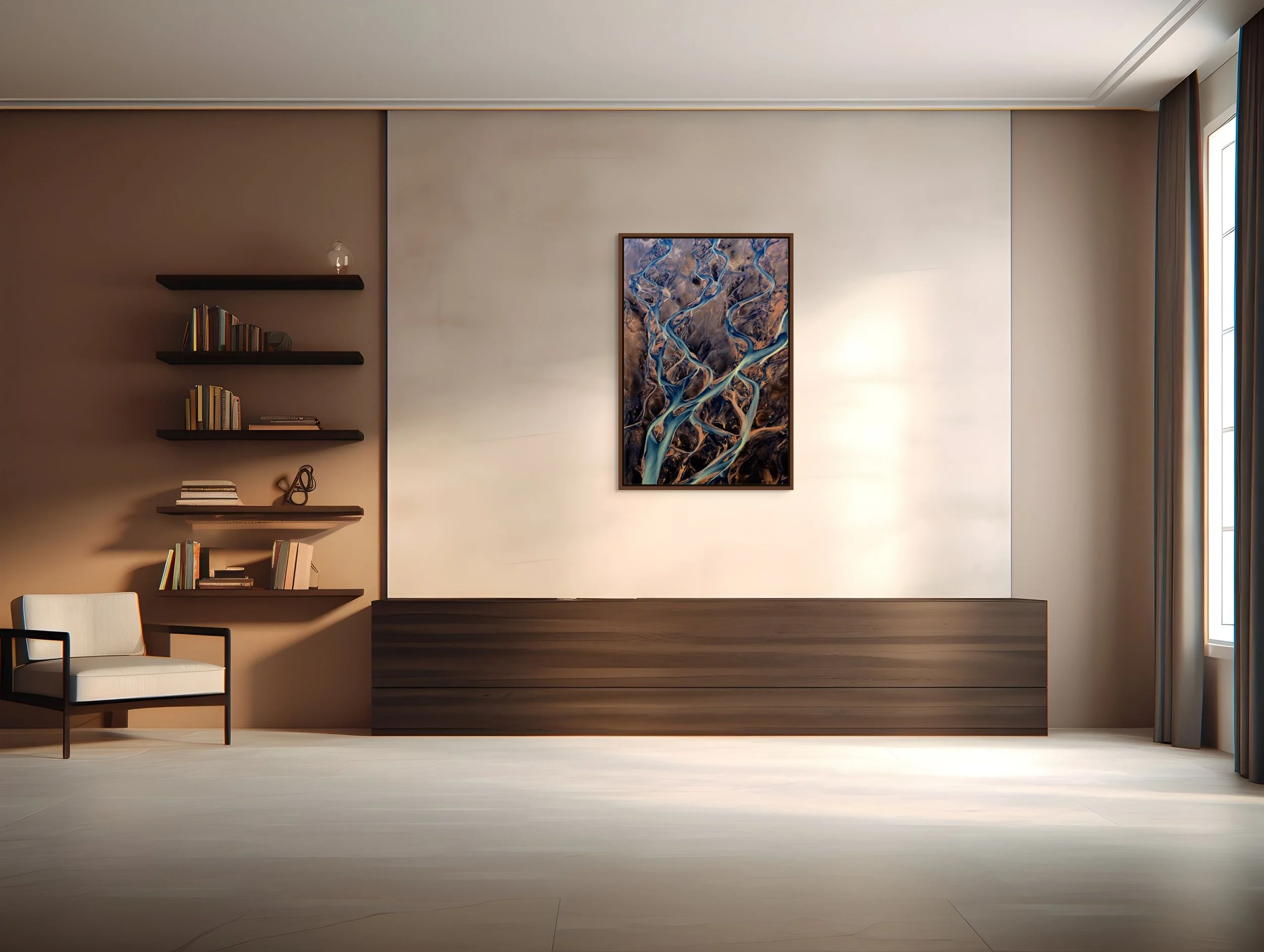 Fractured Veins in a floating Alder Brown frame, hanging in a warm minimalist living room with wall shelves, armchair, and soft window light.