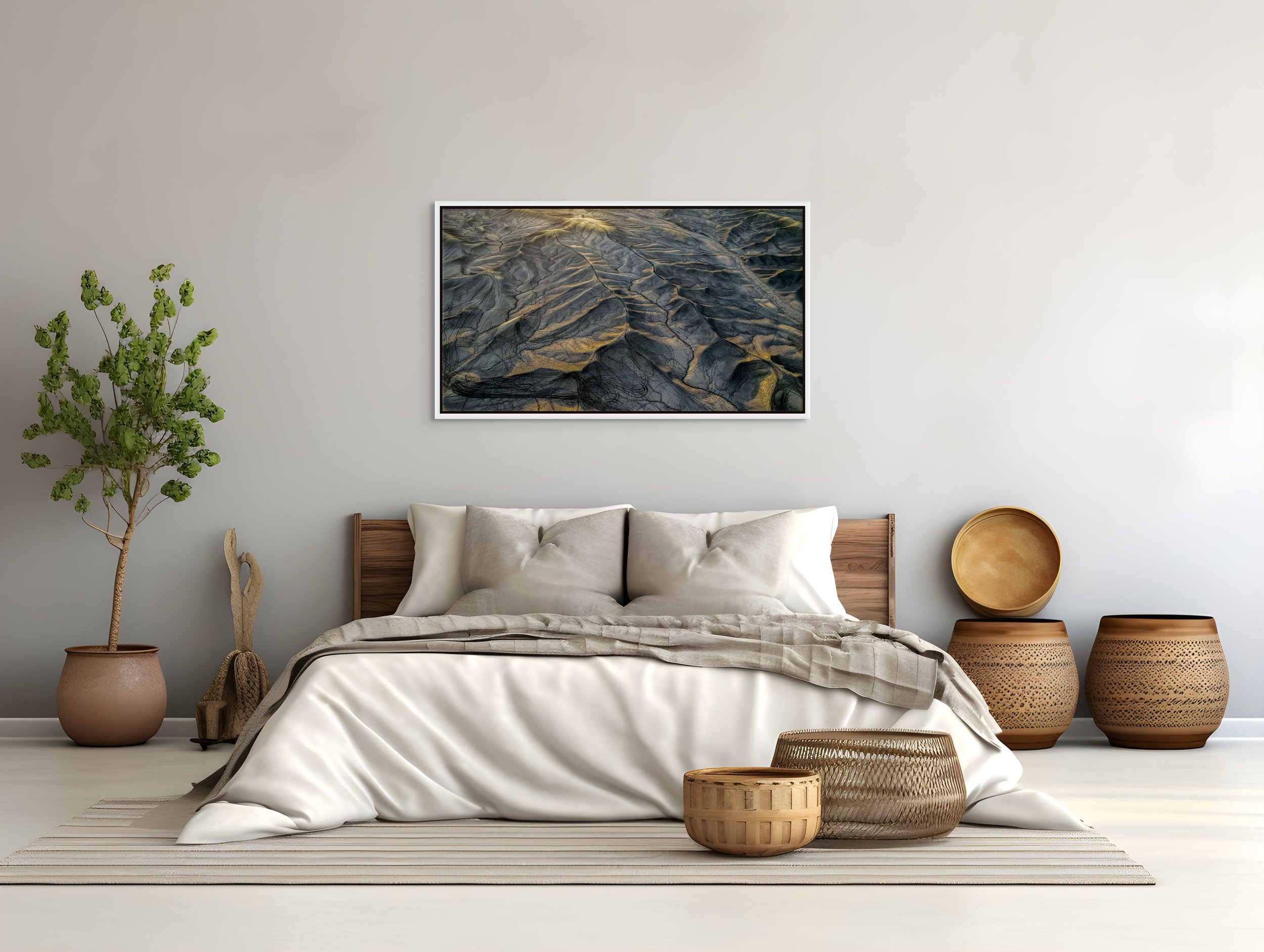 Erosion Lines in a floating white frame, over a serene white-toned bedroom with soft natural light.