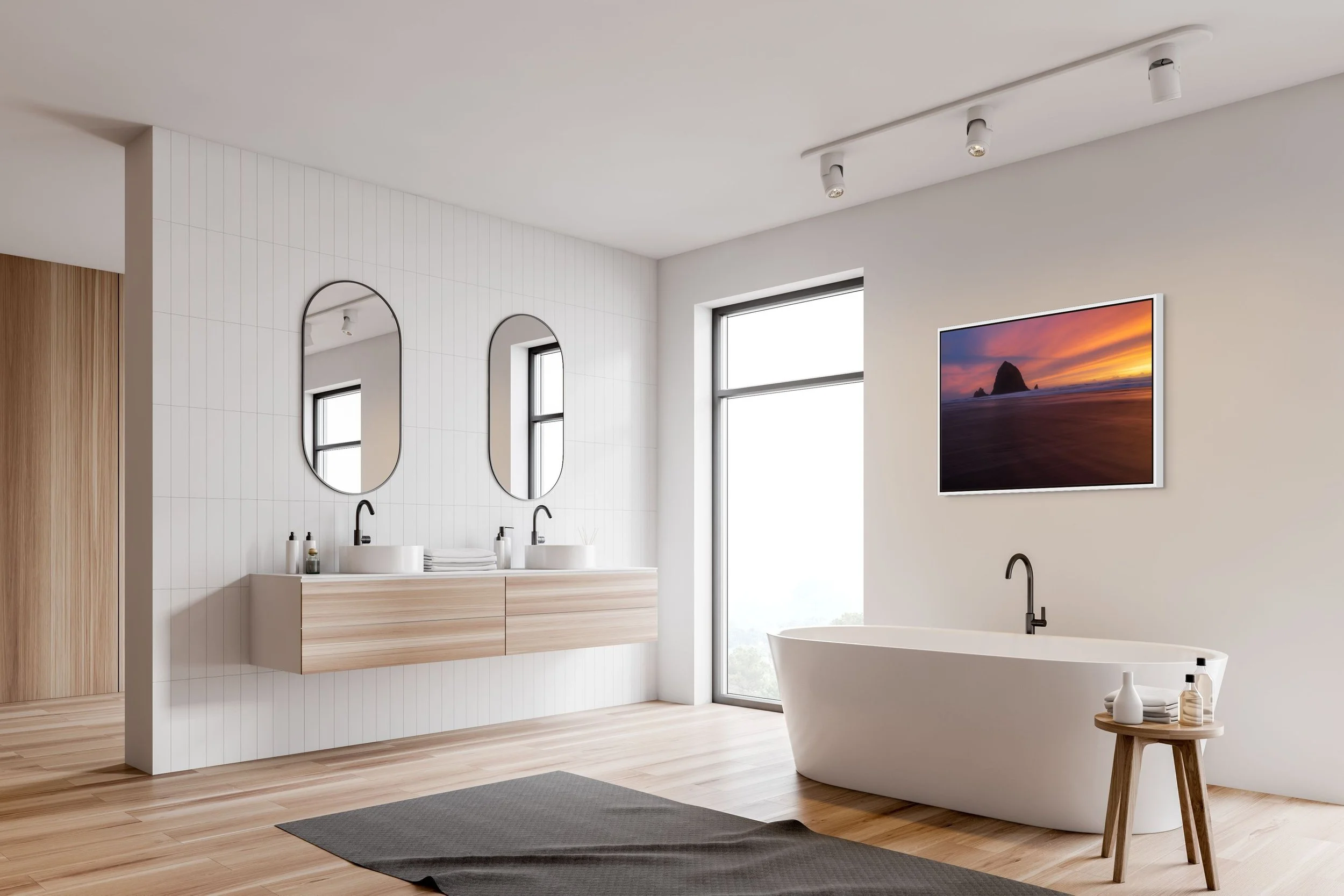 Dusk in Motion in a floating White frame, presented in a modern white bathroom with mirrors and a freestanding tub.