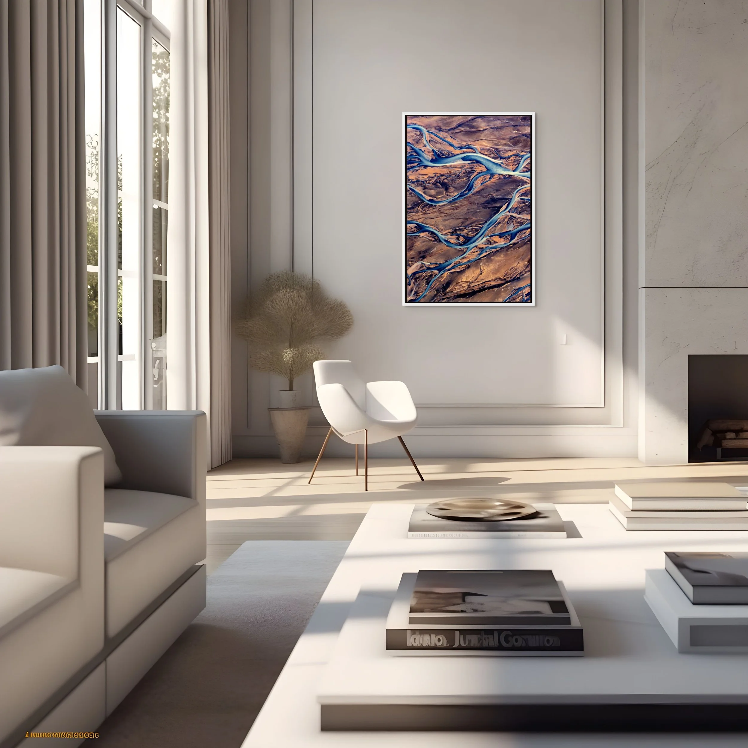 Braided Currents — framed in white floating wood frame above a bright sofa by tall windows.