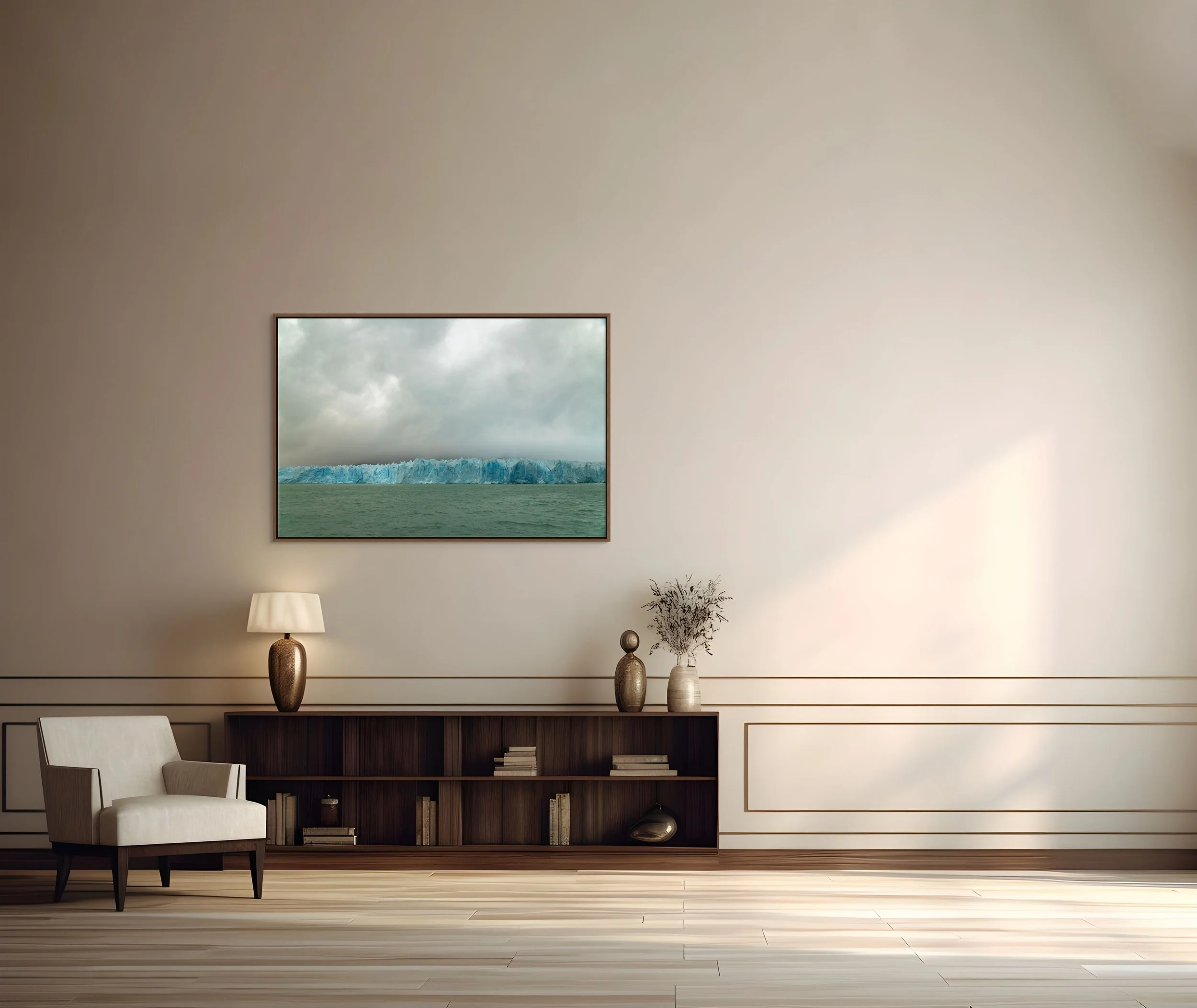 Ice Holds Memory in a floating Walnut frame, displayed in a warm living room with mid-century console and gentle side light.