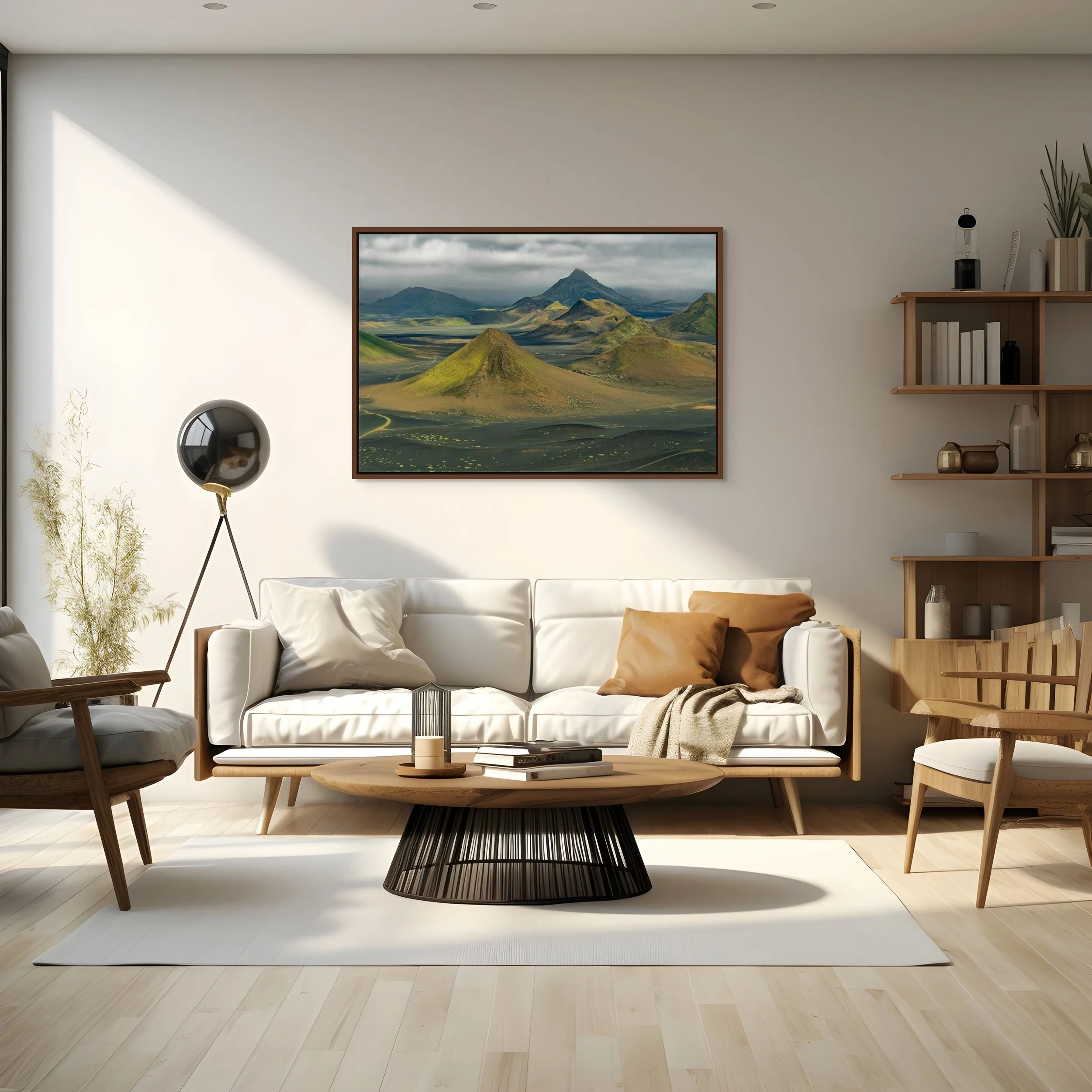Where Earth Dreams in a floating Alder Brown frame, above a warm mid-century sofa with bookshelf and plants in a bright living room.