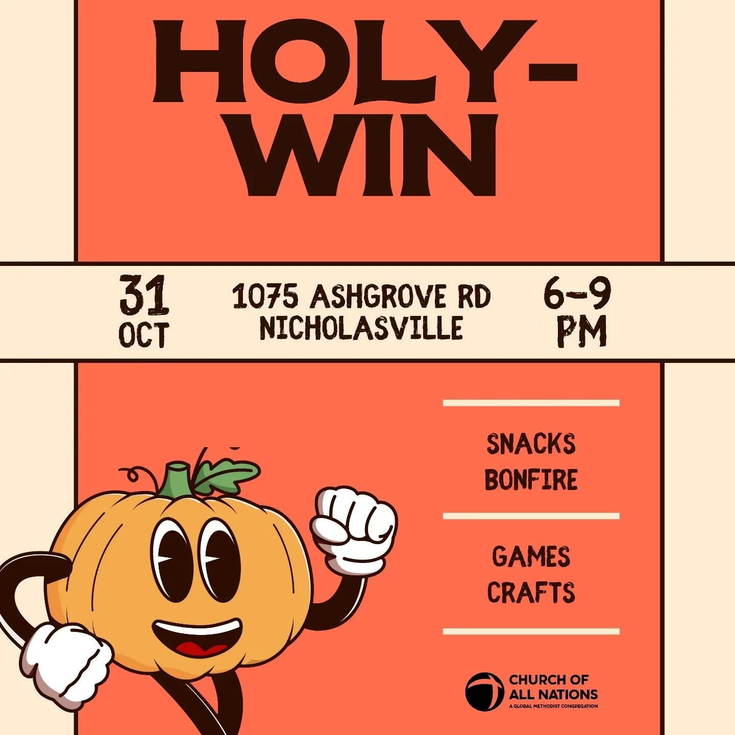Our 2nd annual Holy-Win event is happening on October 31st! Come to the church from 6-9 PM for games, crafts, snacks, and a bonfire! 🎃