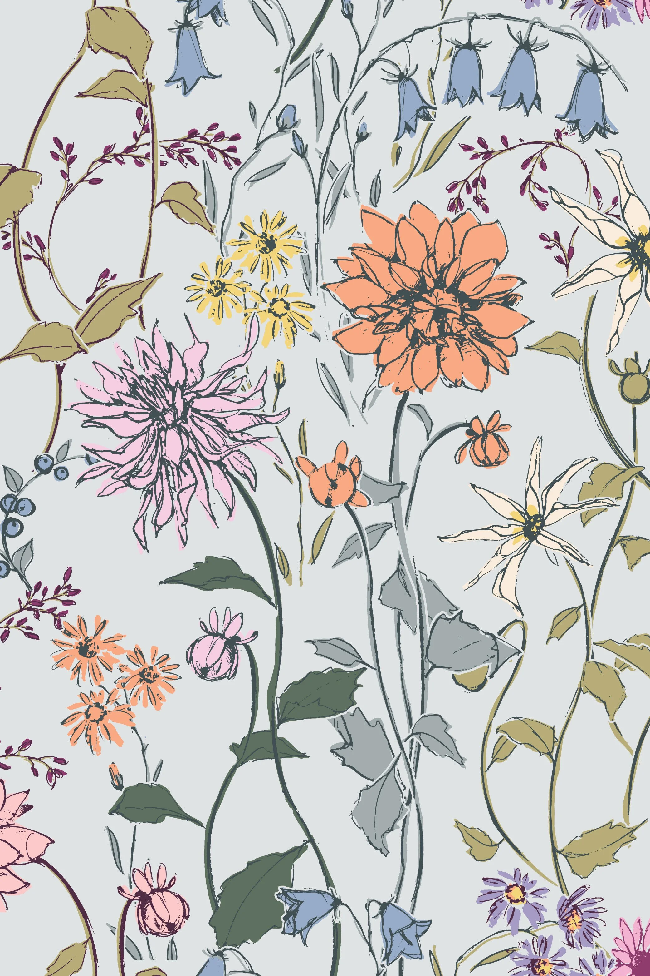 Abundant English Garden surface pattern design including dahlias, bluebells, and other typical English florals
