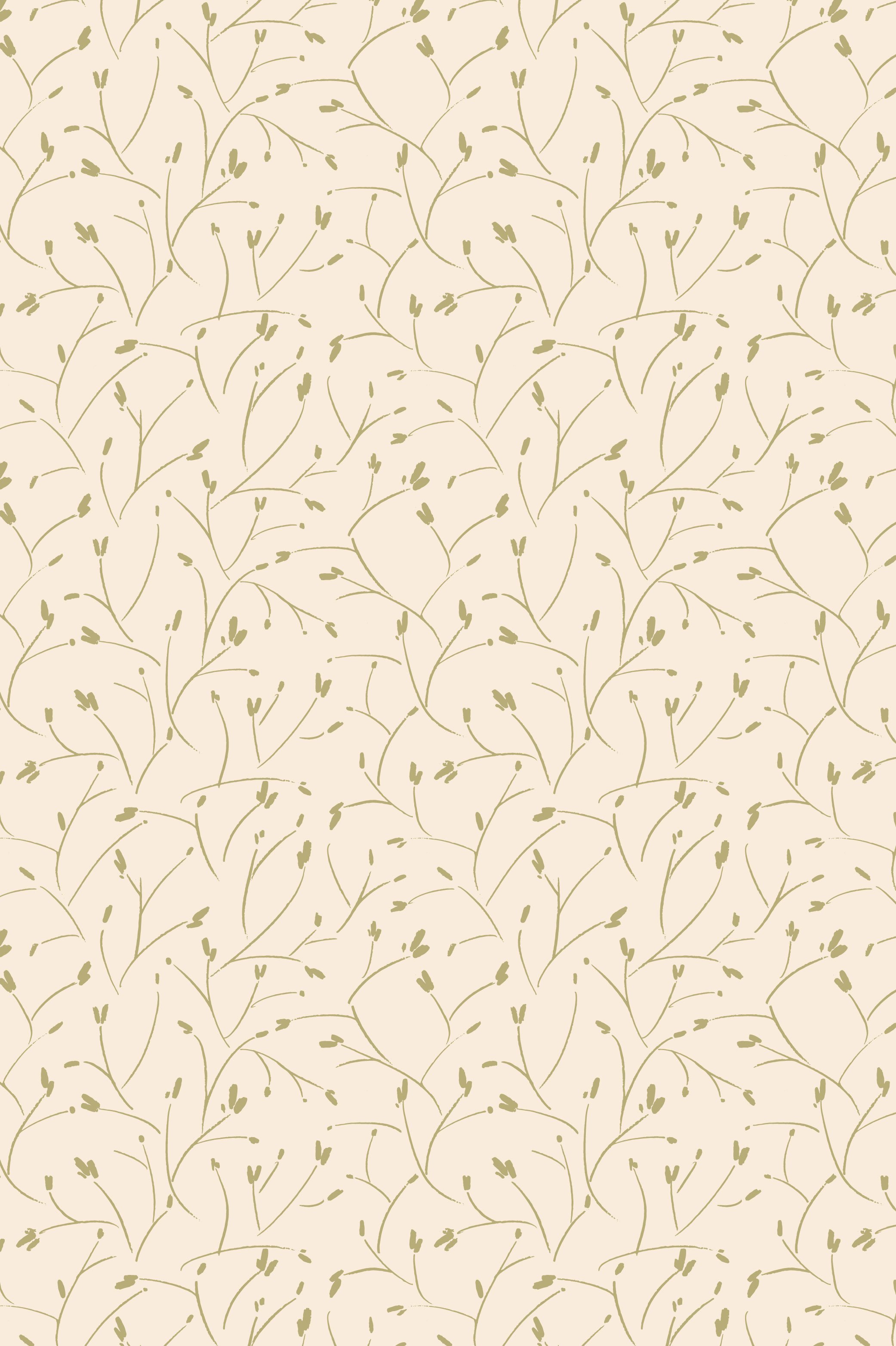 A seamless pattern with light beige background and greenish-brown abstract plant-like lines and shapes resembling leaves and stems.