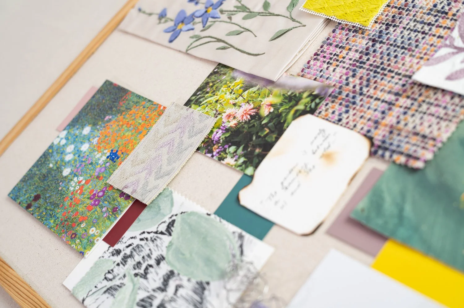 mood board close up photographs embroidery English garden