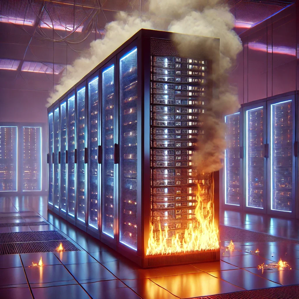 A server room on fire with flames and smoke coming from a server rack, illuminated by blue and orange lighting.