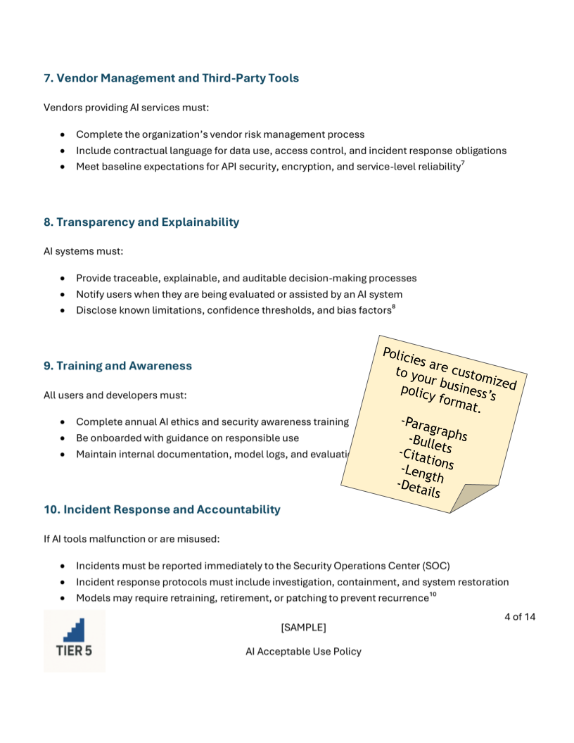 Page from an AI Acceptable Use Policy document showing sections on Vendor Management, Transparency, Training, and Incident Response, with a sticky note indicating policies are customizable with details including paragraphs, bullets, citations, length, and details.