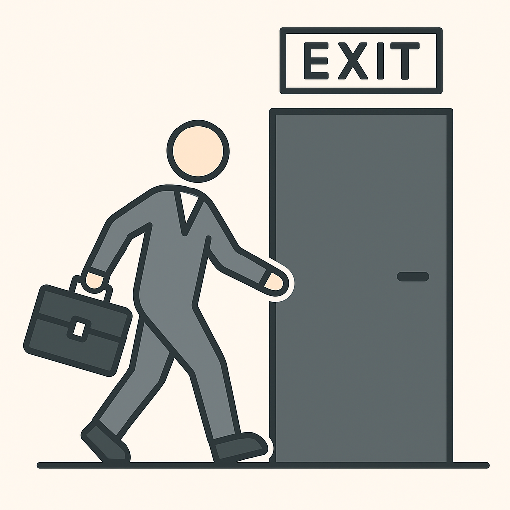 Illustration of a businessperson carrying a briefcase walking towards an exit door.