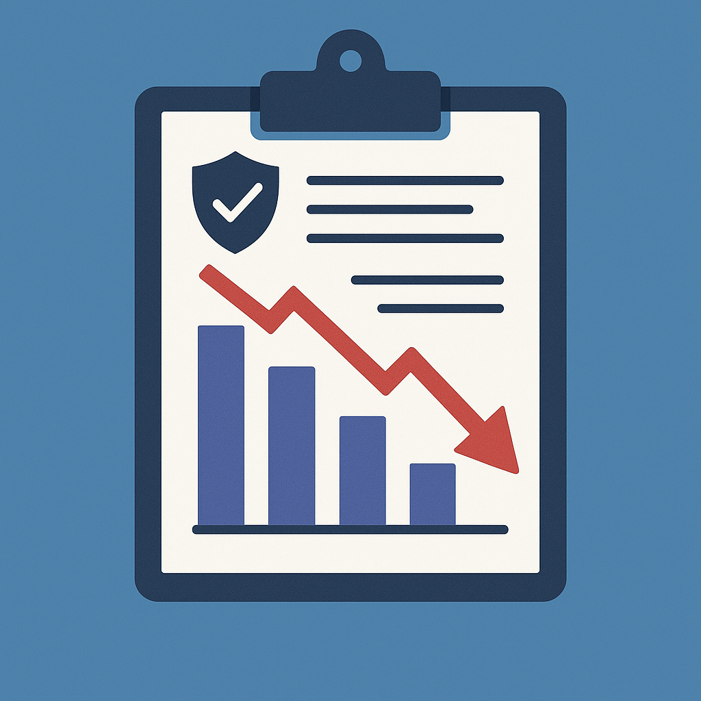 A clipboard showing a declining bar graph with a red downward arrow and a shield icon with a check mark, representing a drop in security or performance.