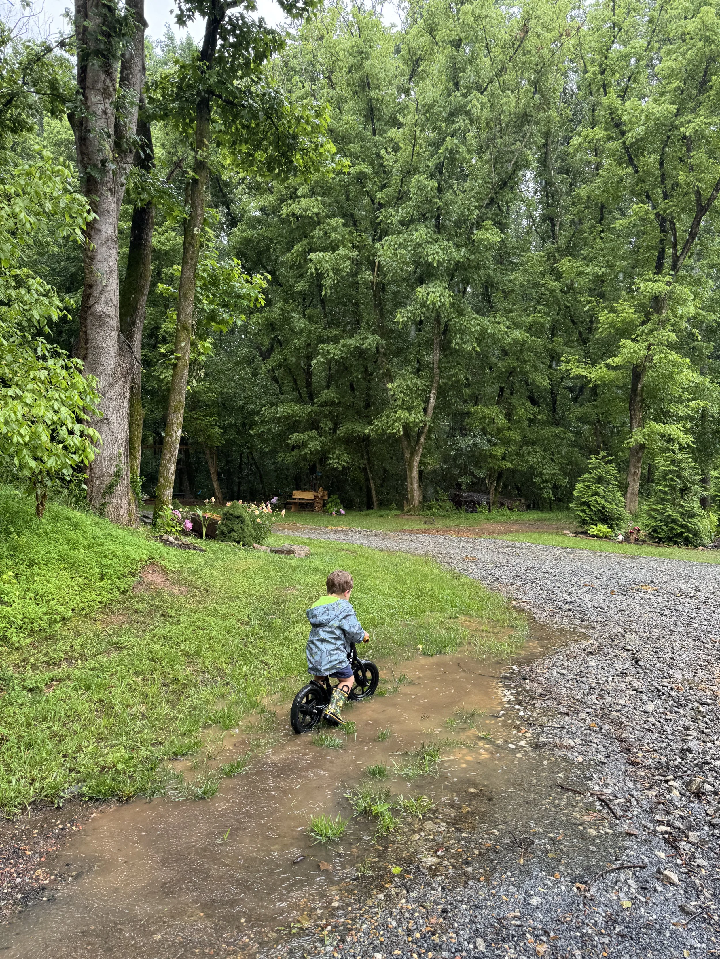 Child riding a bike through a muddy puddle on a gravel path in a lush green forest.