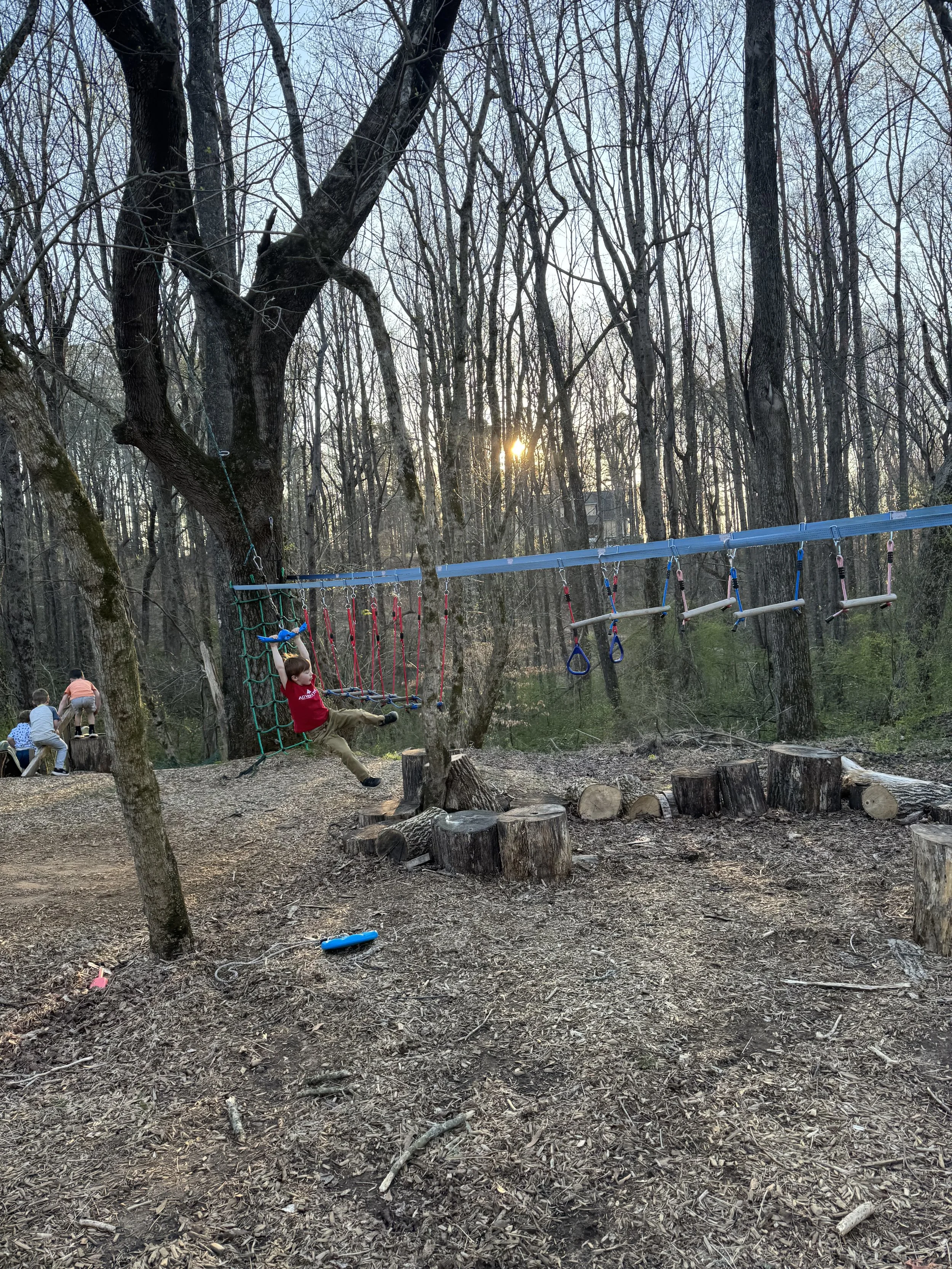 Child playing on a playground swing set in the woods during sunset, with other children in the background.