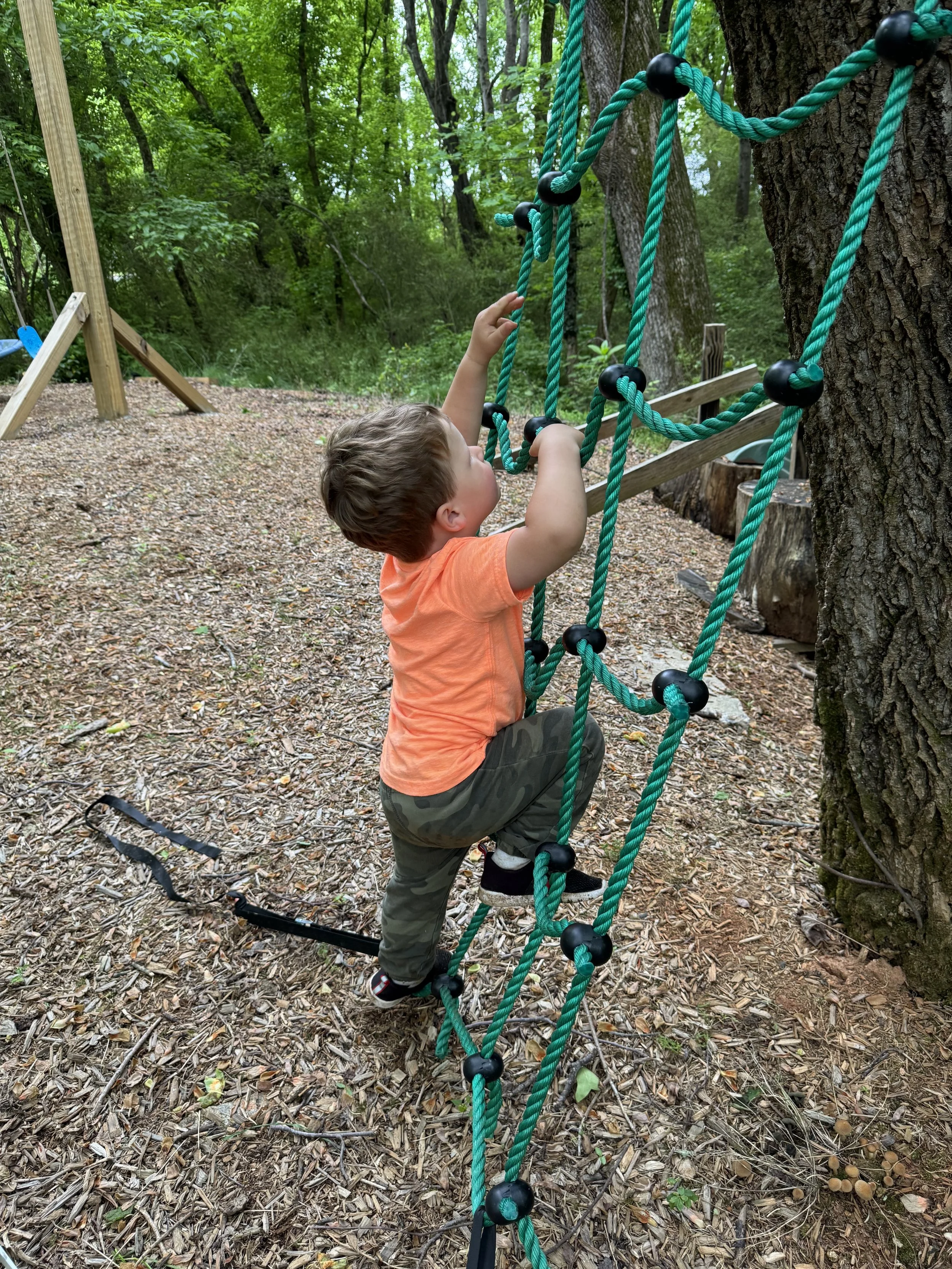 A young boy wearing an orange shirt and camo pants climbing a rope ladder attached to a tree in a wooded area, with playground equipment in the background.