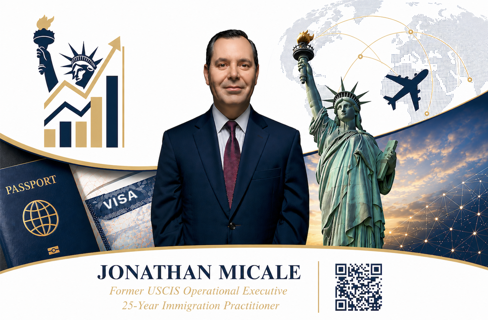 Business card for Jonathan Micale, a former USCIS operational executive and 25-year immigration practitioner. The card features images of the Statue of Liberty, a passport, visa, world map, and airplane icons, with a background of a sunset sky and digital network patterns.