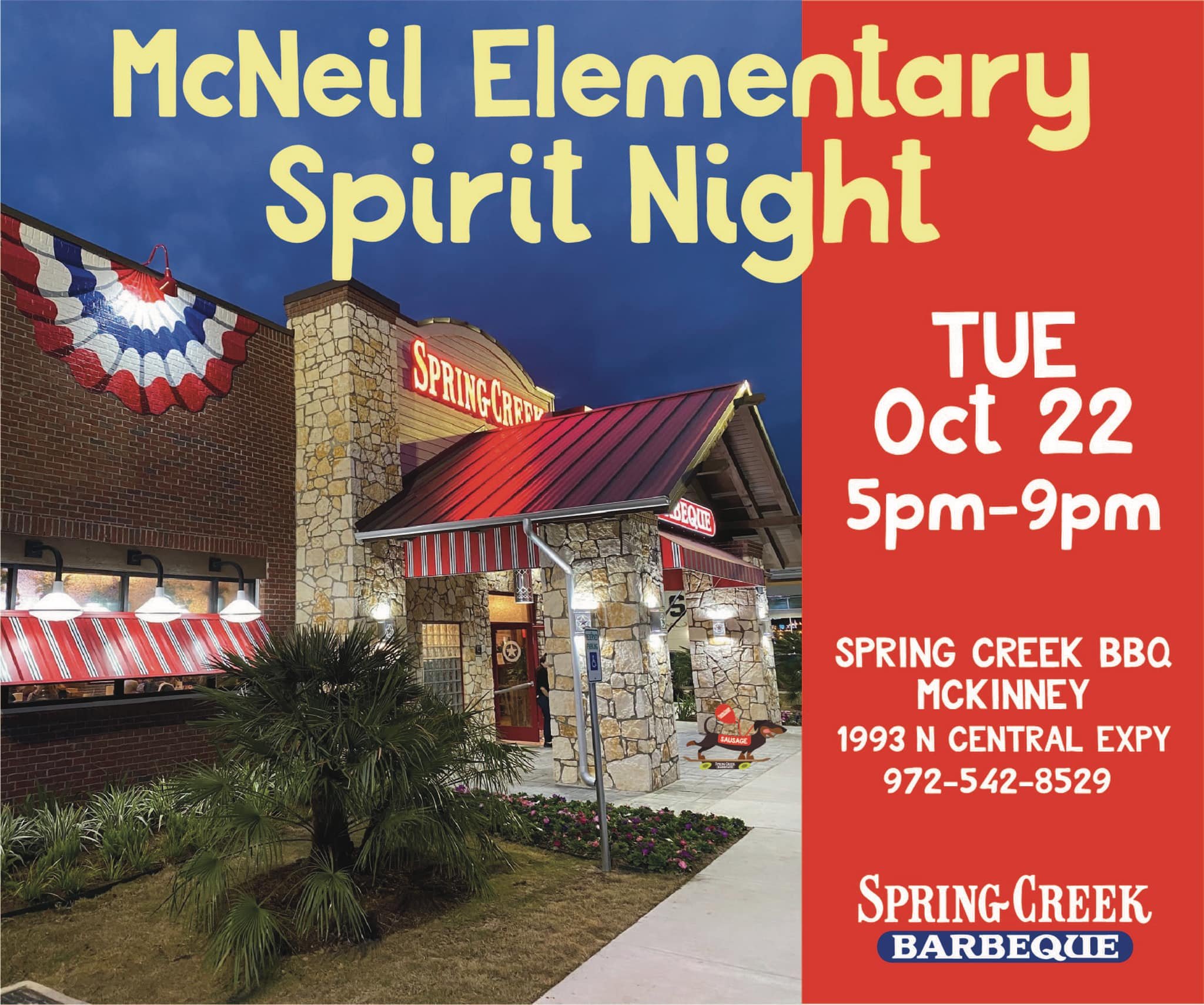 A past Spirit Night flyer in partnership with Spring Creek Barbeque.