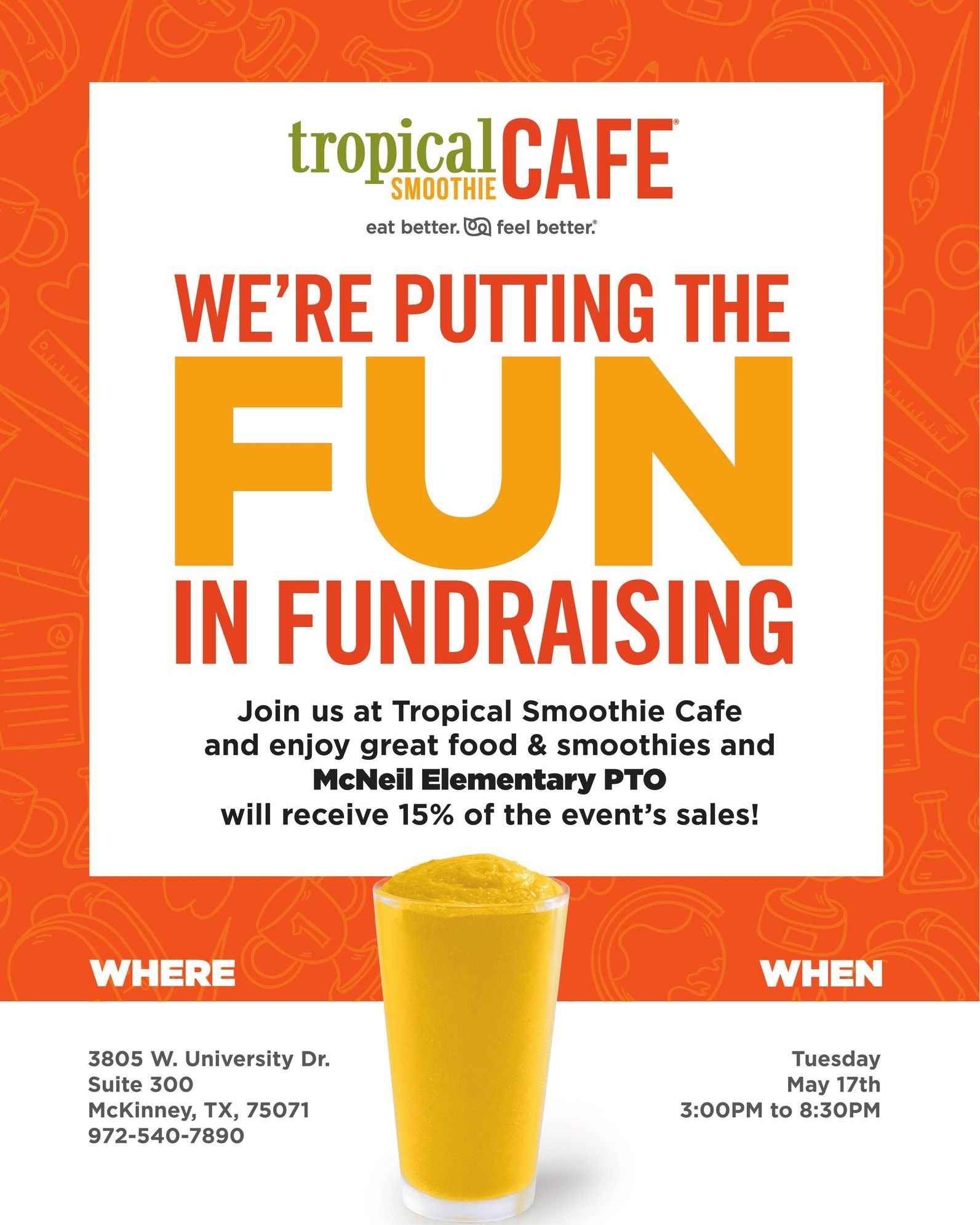 A past Spirit Night flyer in partnership with Tropical Smoothie Cafe.