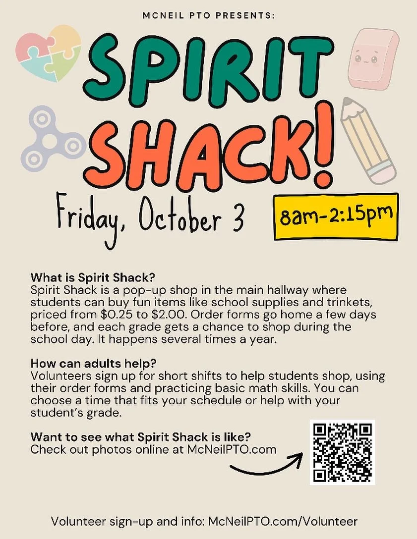 Spirit Shack is back this Friday!!🎉💙❤️
🔗 http://mcneilpto.com/mcneil-recurring-events/spirit-shack