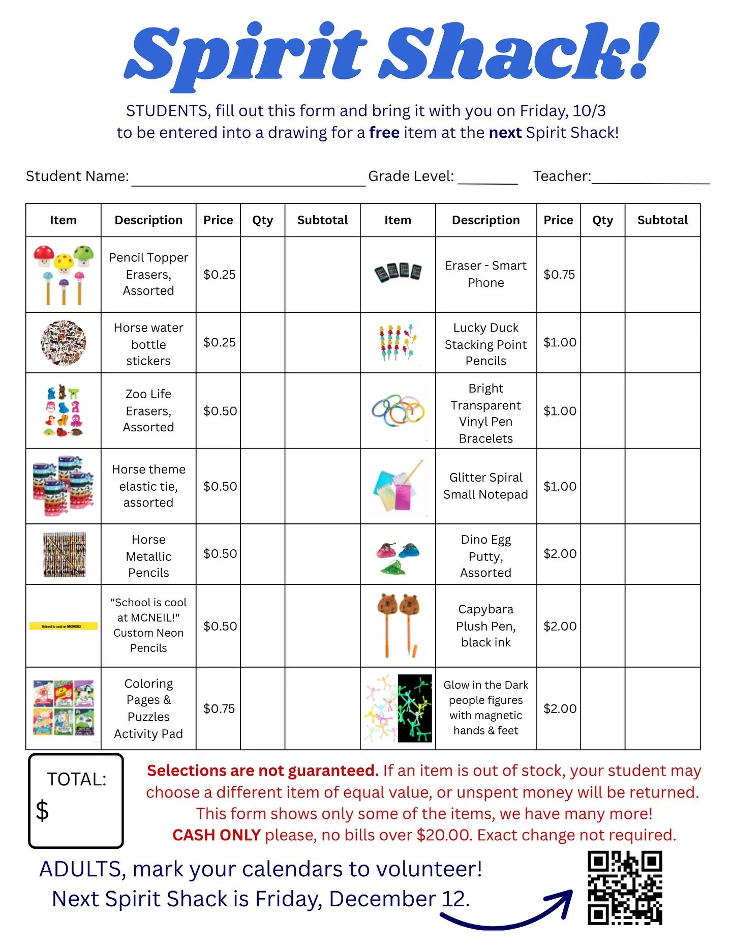 Spirit Shack is Tomorrow! 🎉
Order forms should have come home this week in your kiddo’s folder—don’t forget to send them back with them tomorrow! 💙
We can’t wait to see everyone at the Spirit Shack store tomorrow!