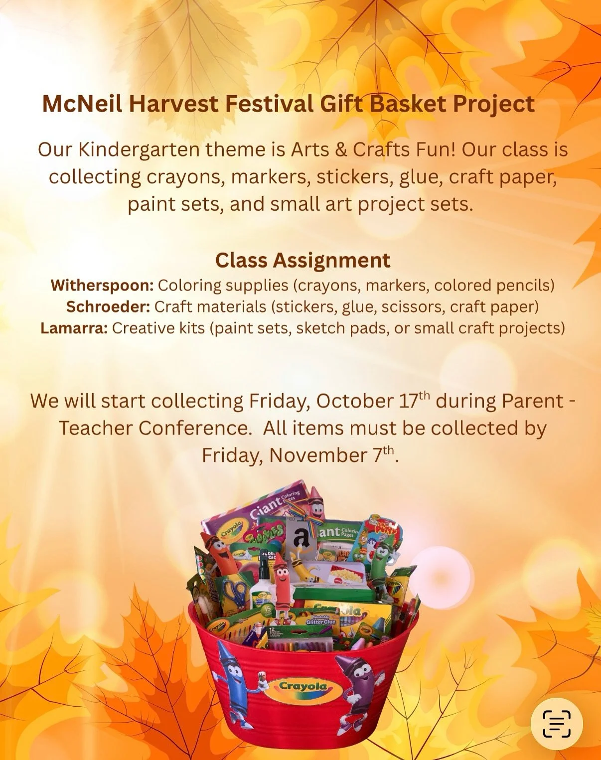 ‼️ Reminder ‼️ 

🍁We are collecting items for the Harvest Festival Silent Auction! Each grade level will be putting together a themed basket to include in the auction. All proceeds will go toward funding future PTO-sponsored events for the rest of t