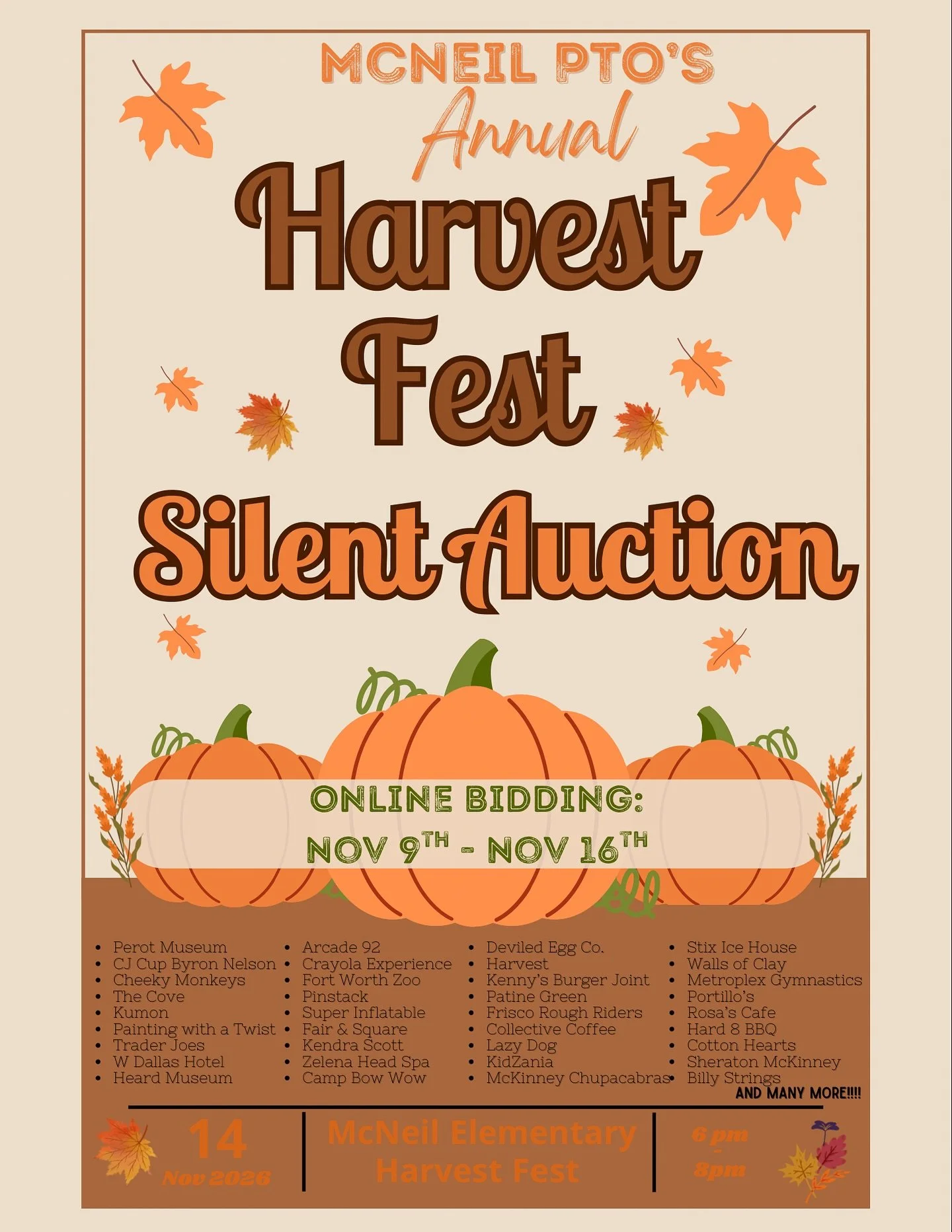 🎉 The Annual McNeil PTO Harvest Fest Silent Auction is LIVE! 🎉

🗓️ Online Bidding: November 9&ndash;16
❤️Benefitting: McNeil Elementary PTO

Get your bids in and support our students, teachers, and school community! Every dollar raised goes right 