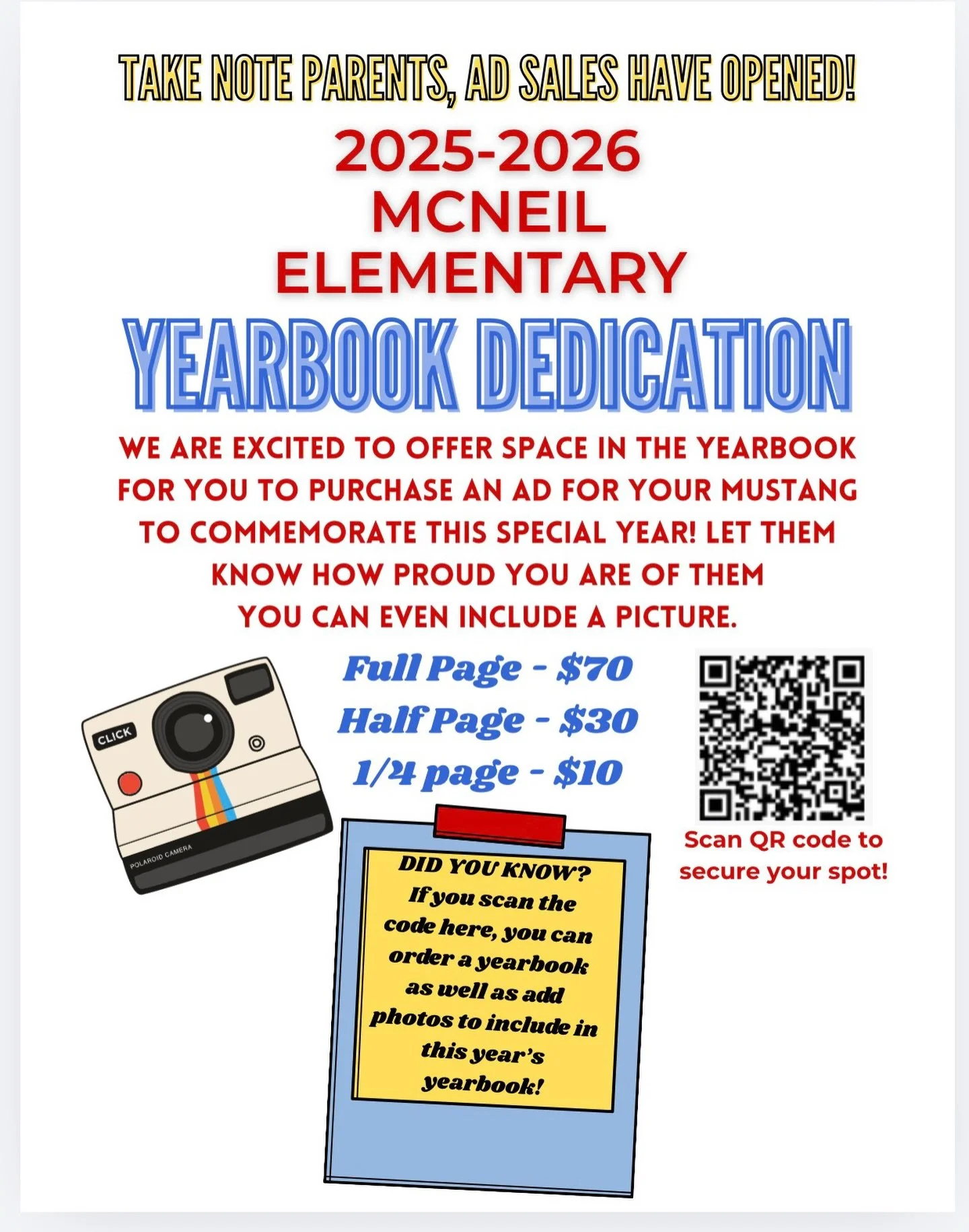 ✅Buy an ad
✅Upload pictures 
✅Buy a yearbook

Scan the QR code to do all 3!!😍