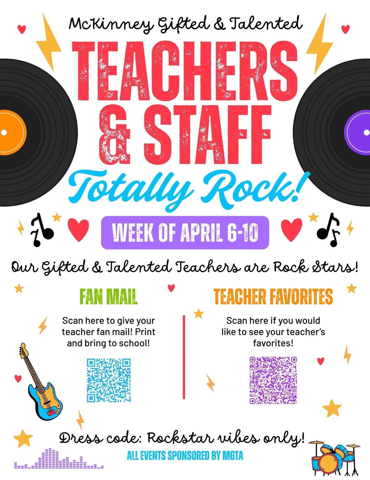 McKinney Gifted &amp; Talented Teacher Appreciation week is quickly approaching! Mark your calendars and scan the QR codes to see your teachers favorite things or send them fan mail!

💌Fan Mail: https://drive.google.com/file/d/15eEszzar2gDpTIX52fB1O