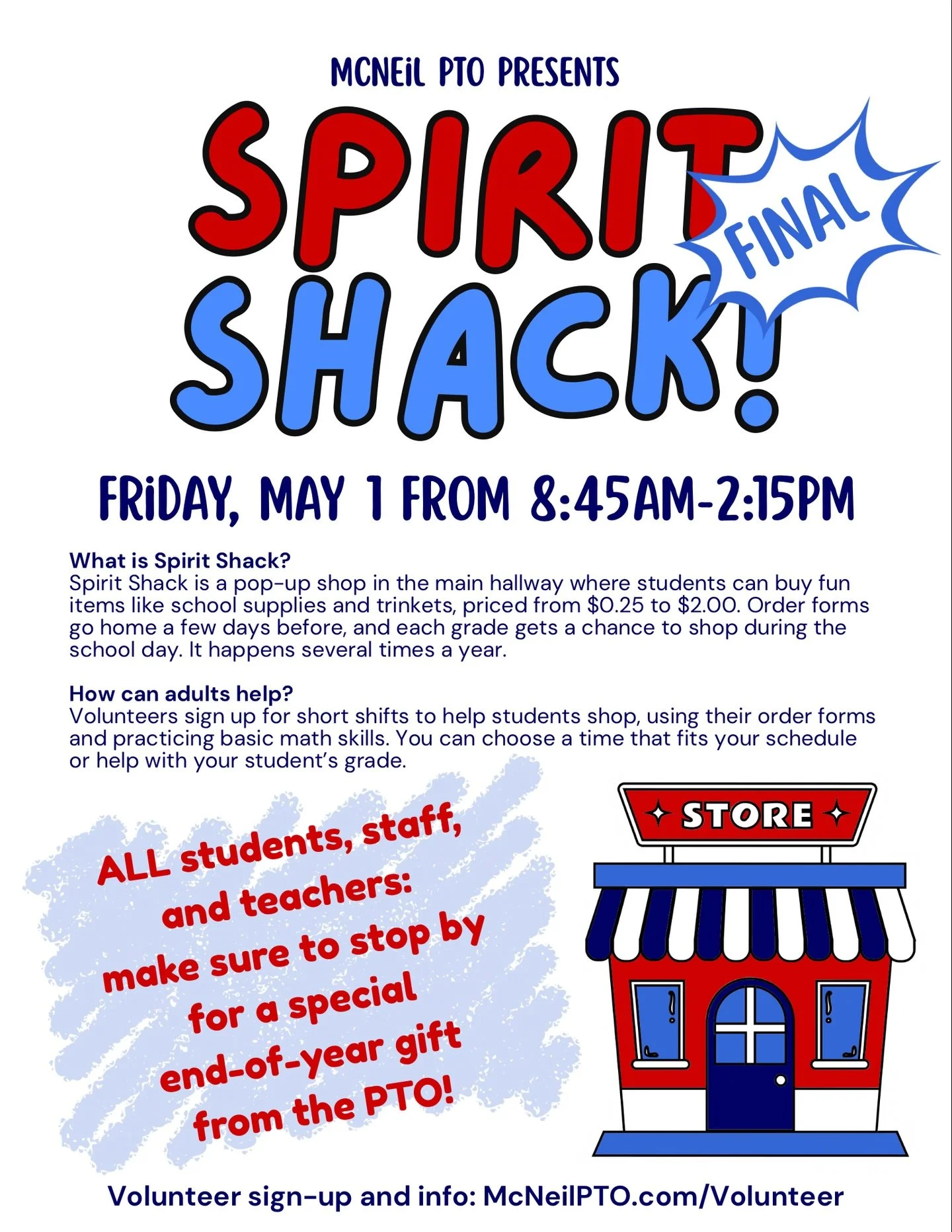 It&rsquo;s our FINAL Spirit Shack this Friday, May 1st! 🎉
We&rsquo;ve got a special gift for everyone&mdash;don&rsquo;t miss out! Order forms will be sent home in folders this week💙