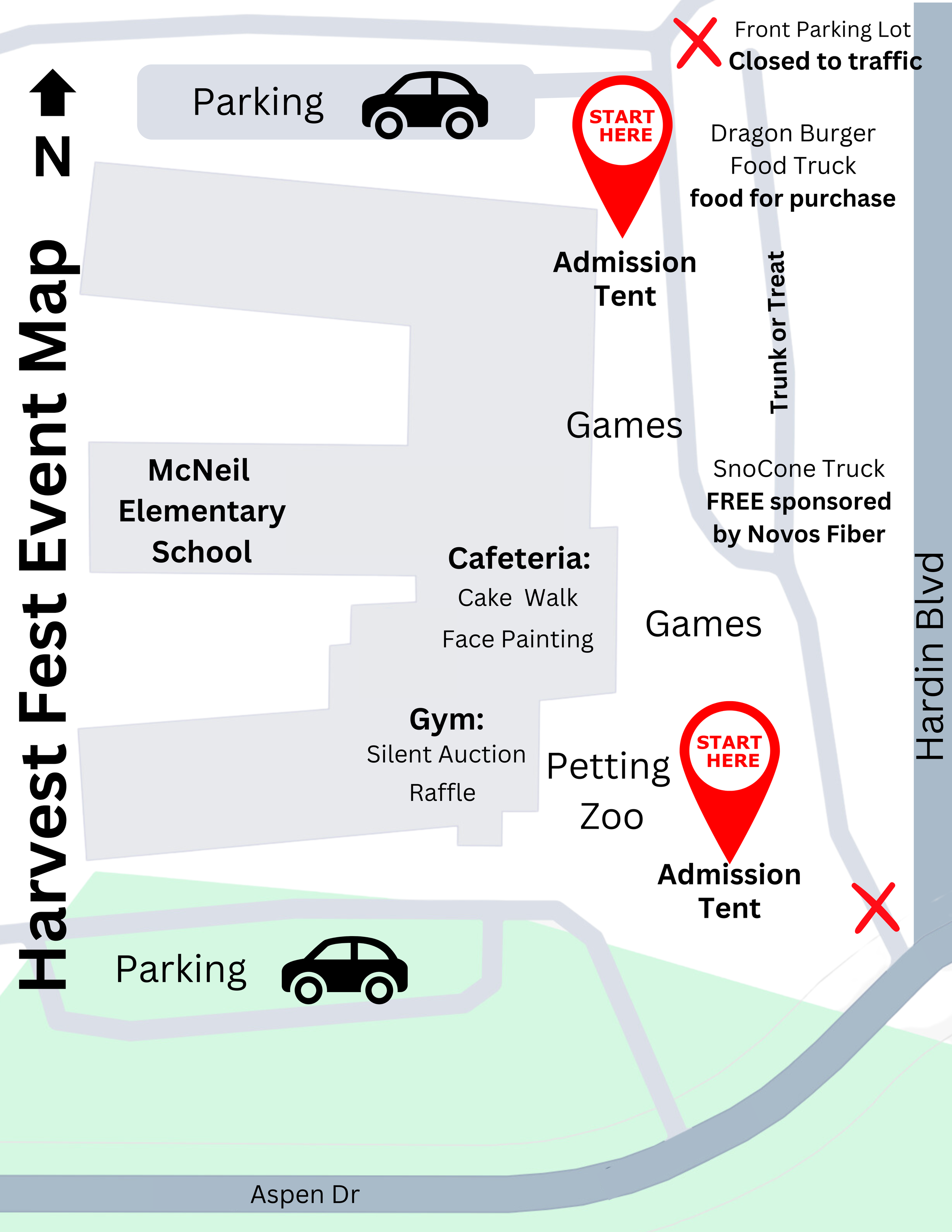 An event map from a previous year, marking the location of fun activities like a petting zoo, cake walk, face painitng, and sno cone truck!