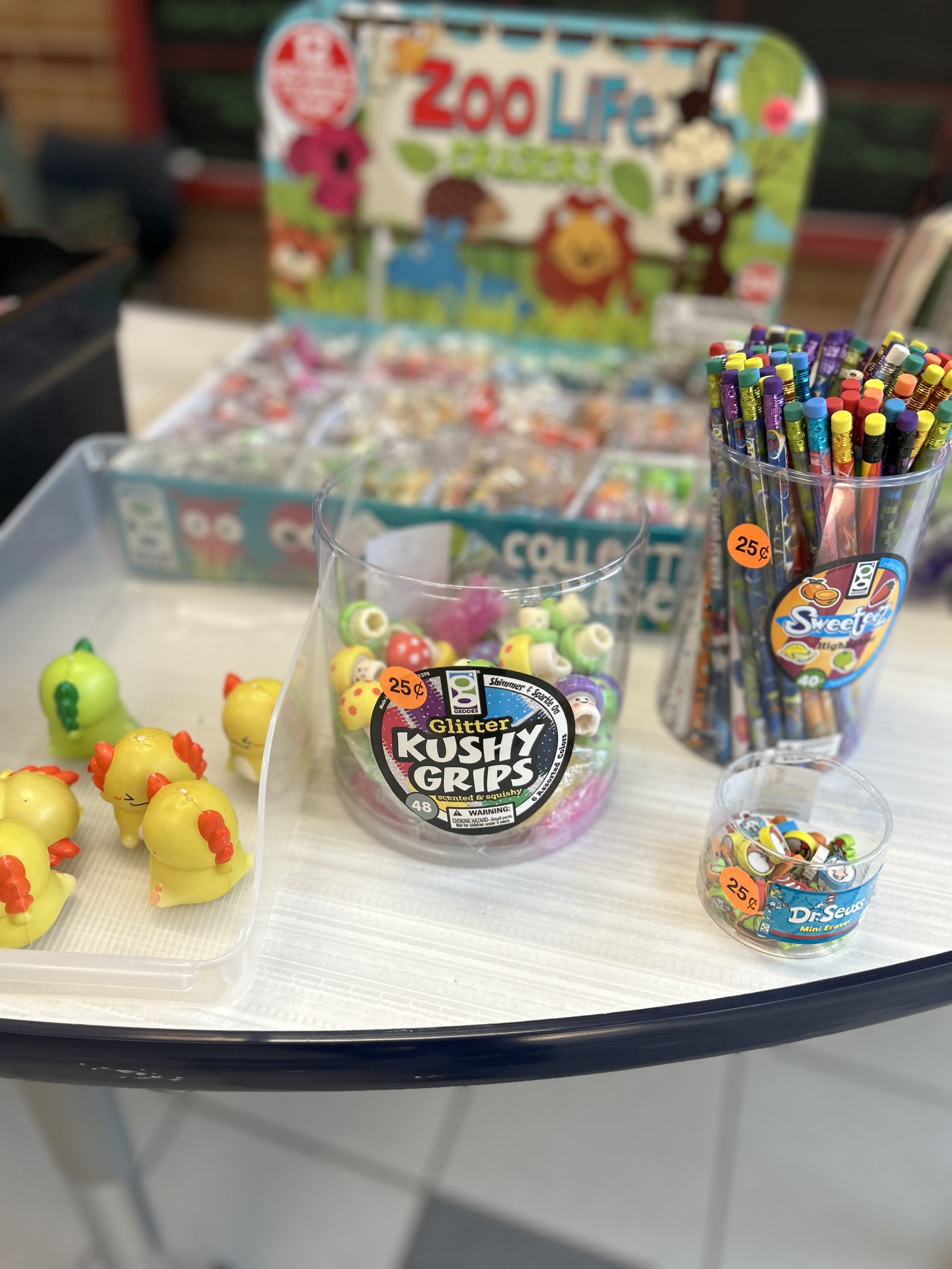 Tiny erasers and squishy ball animals.