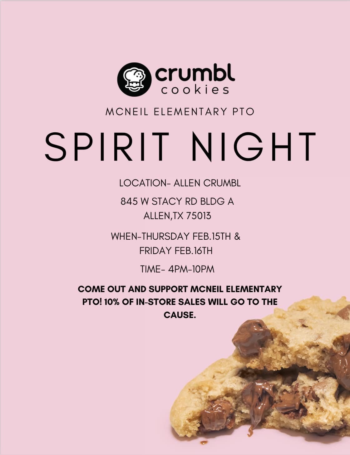 A past Spirit Night flyer in partnership with Crumbl Cookies.
