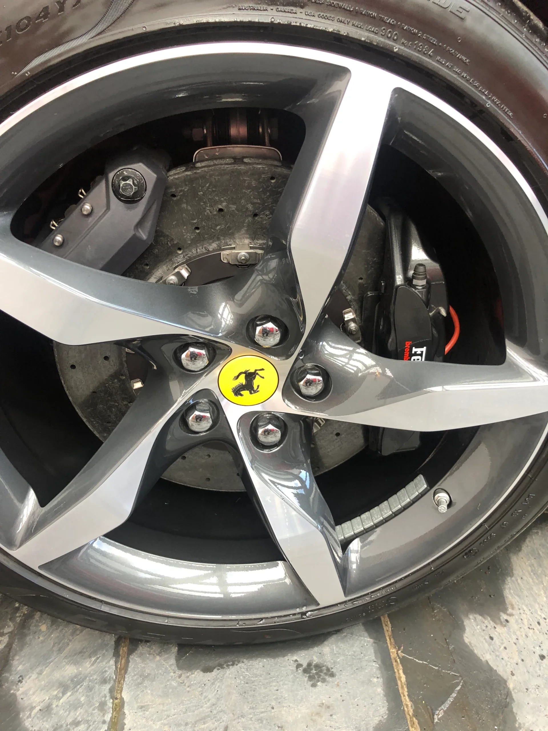 Alloy wheel and tyre detailing on Ferrari Portofino in Driffield - part of JCS Valeting’s premium valet service